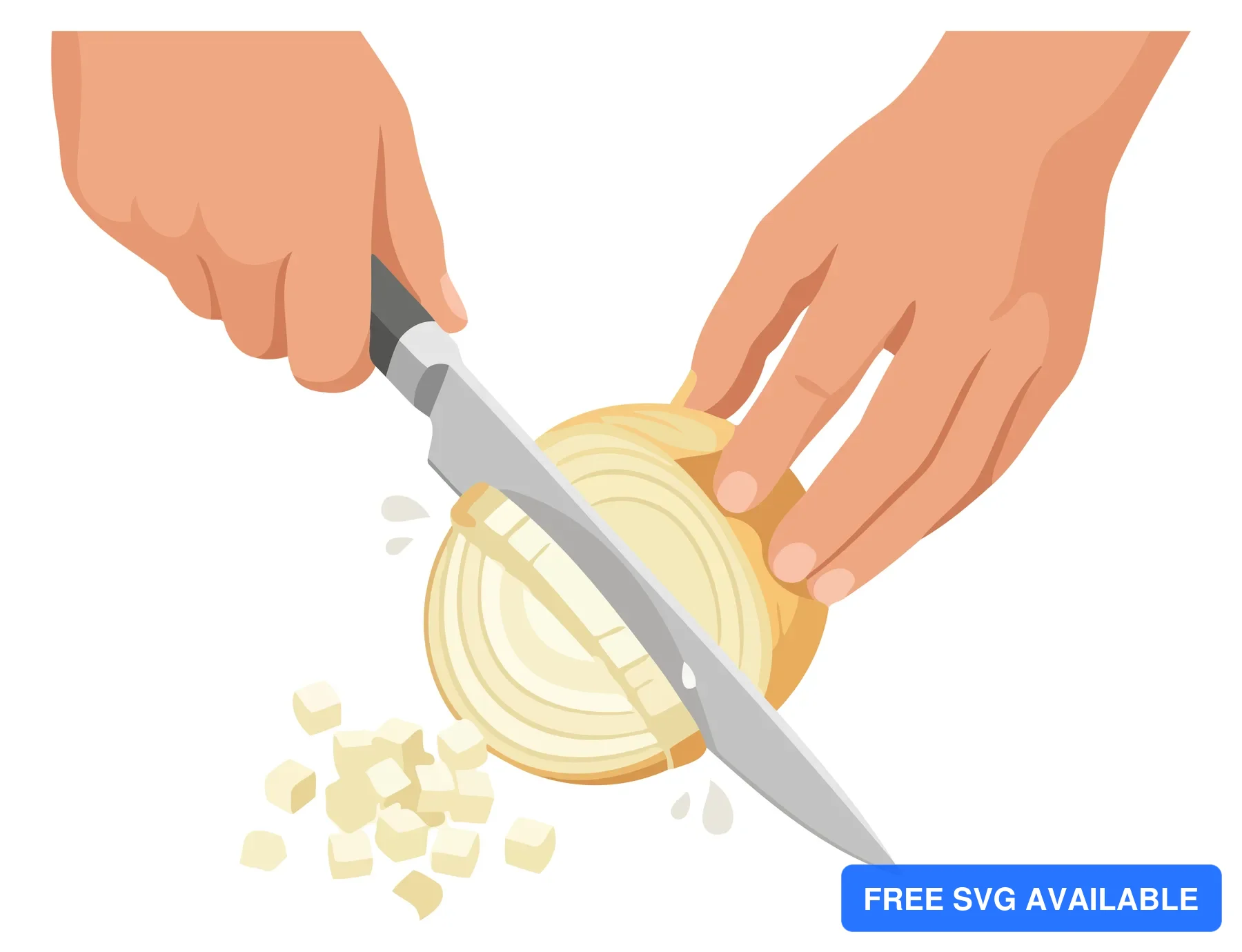 A person’s hands chopping an onion with a knife in an illustration style