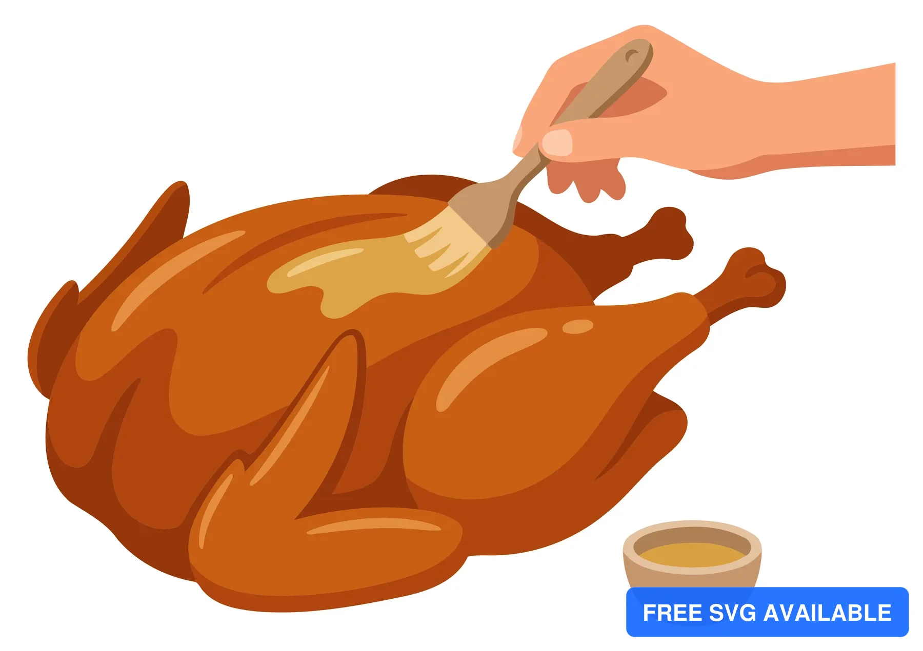 A hand basting a roasted turkey with golden sauce in an illustration
