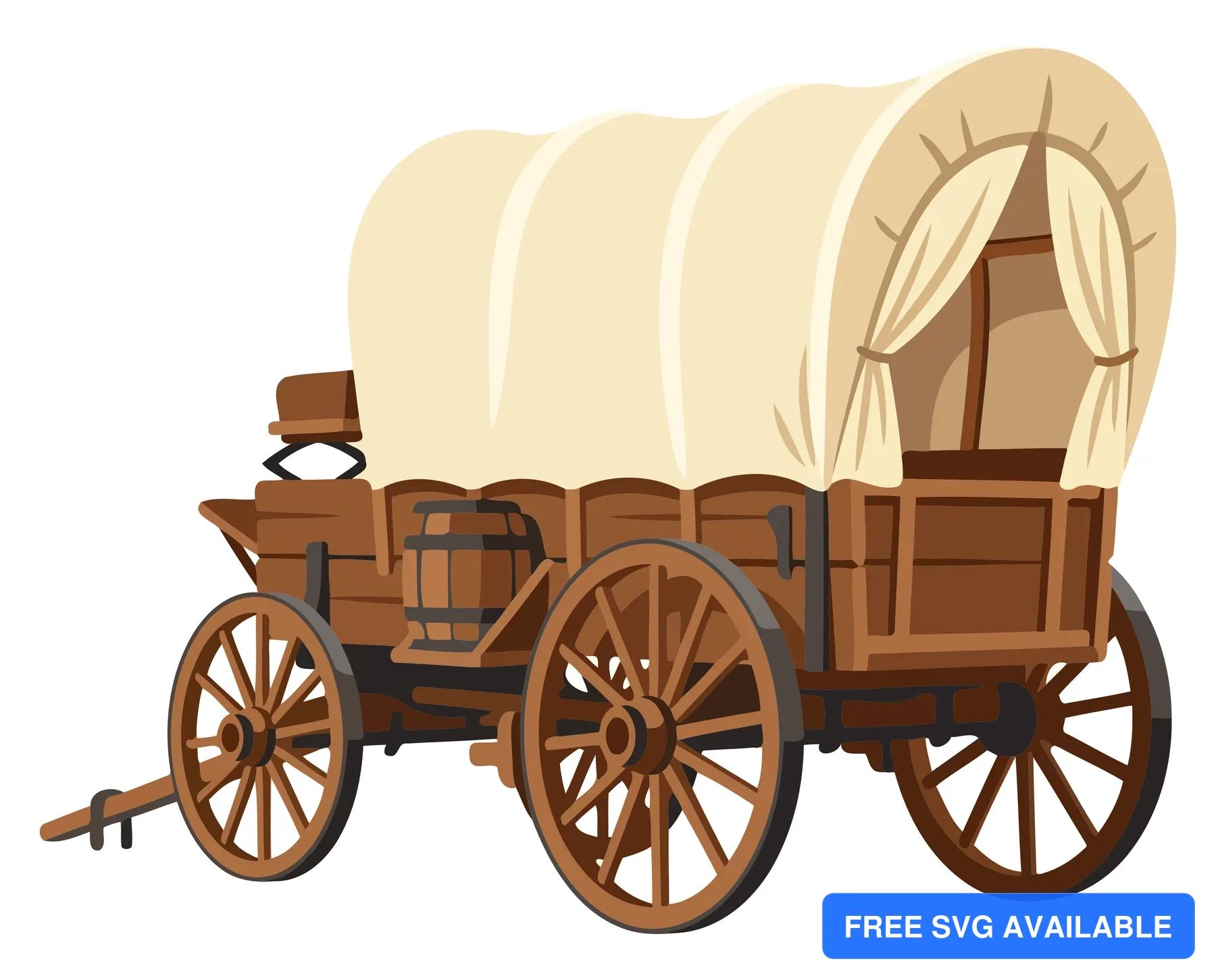 A vintage-style covered wagon with a canvas top and wooden wheels in an illustrated vector design.