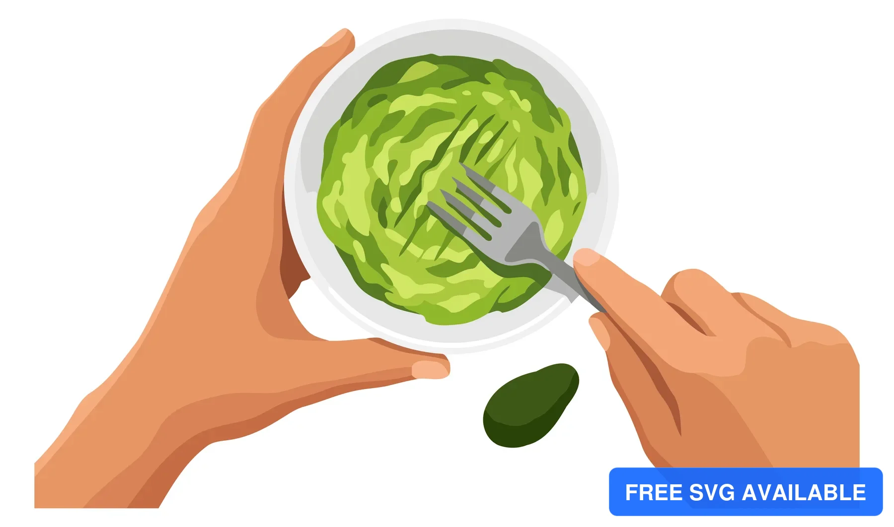 A hand holds a bowl of green salad with a fork and olive on a clean background