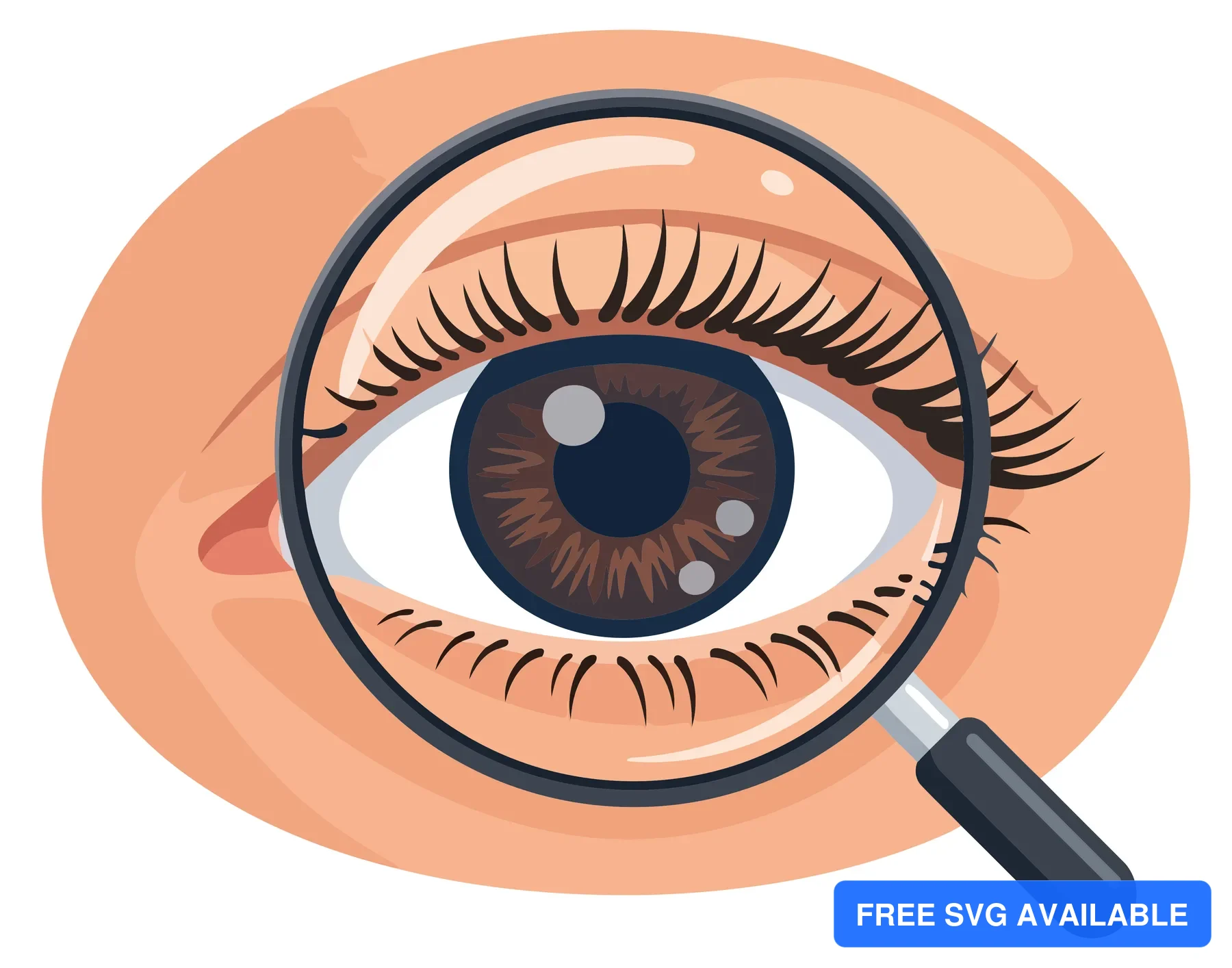 A magnifying glass examining an eye on a face in a detailed vector illustration
