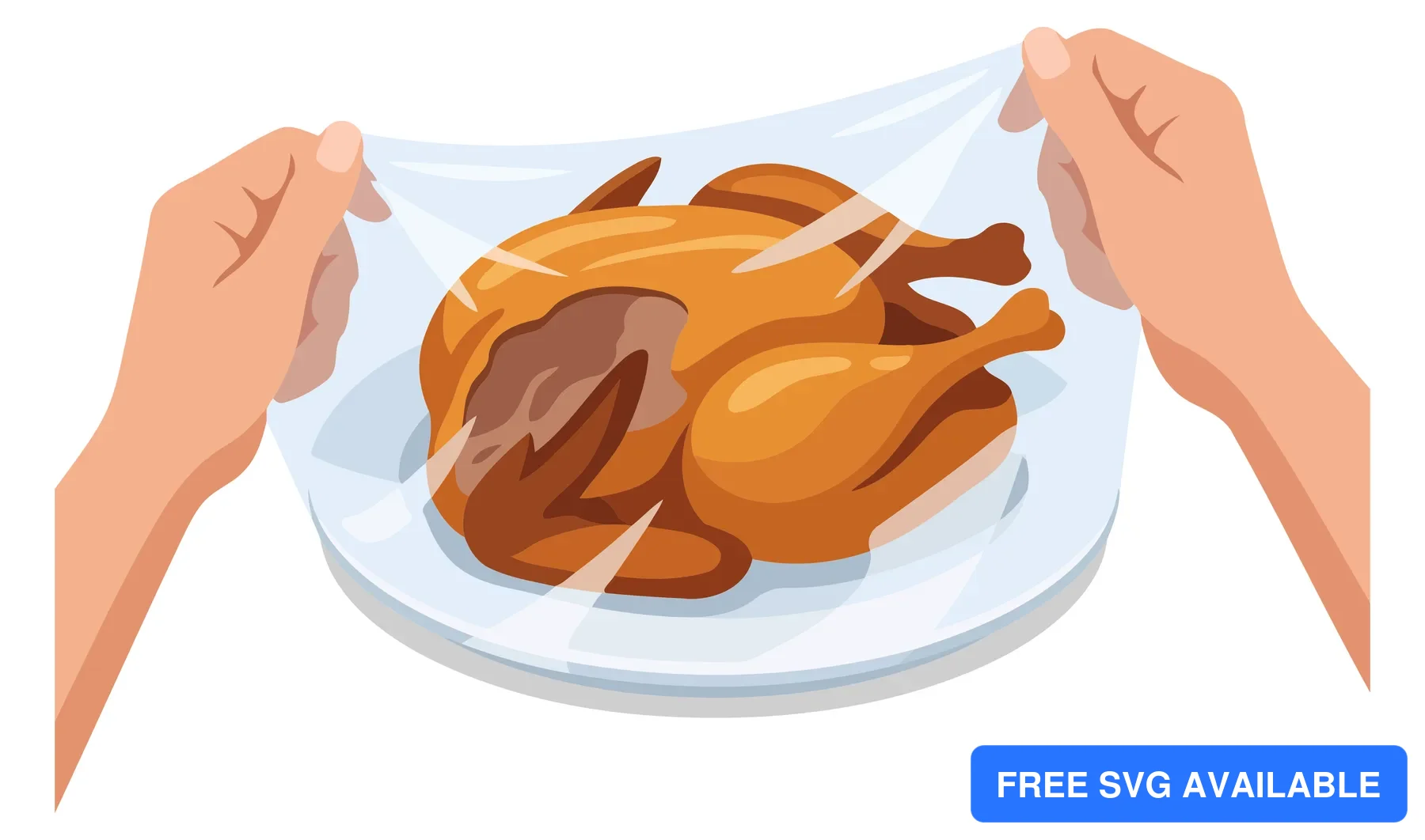 A hand holds a roasted turkey on a white plate in an illustration.
