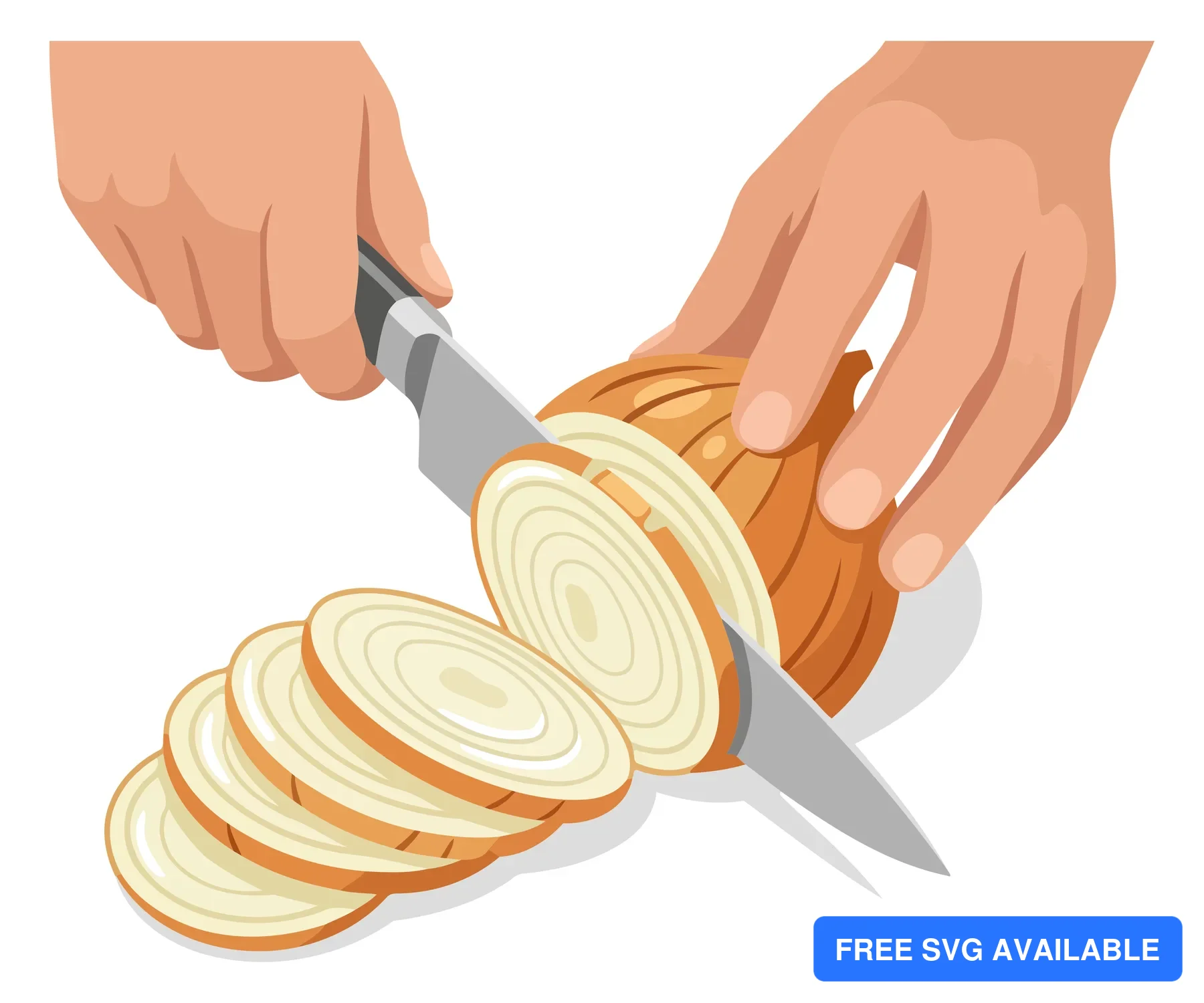 A hand slices an onion into rounds with a knife in a clean vector illustration