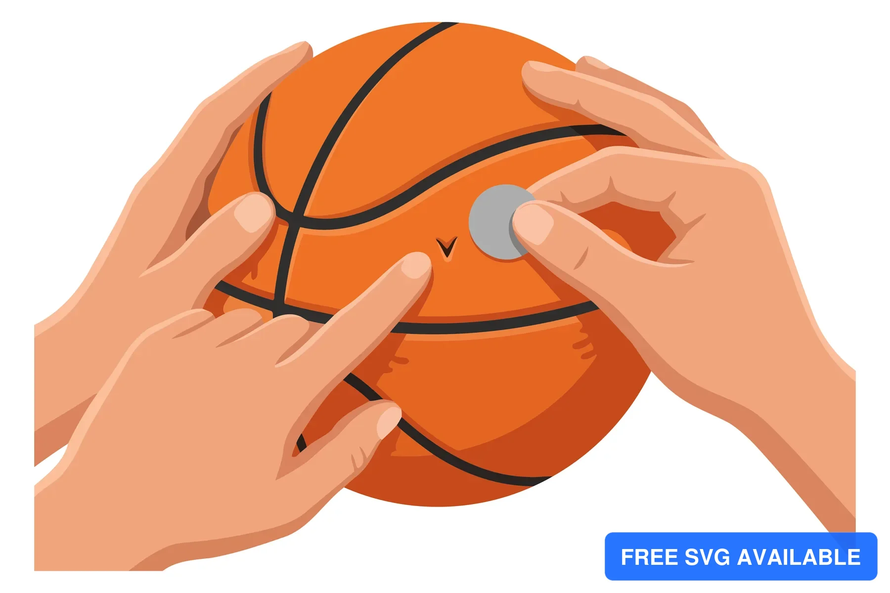 A hand holding an orange basketball with a small button placed on it in a flat design illustration