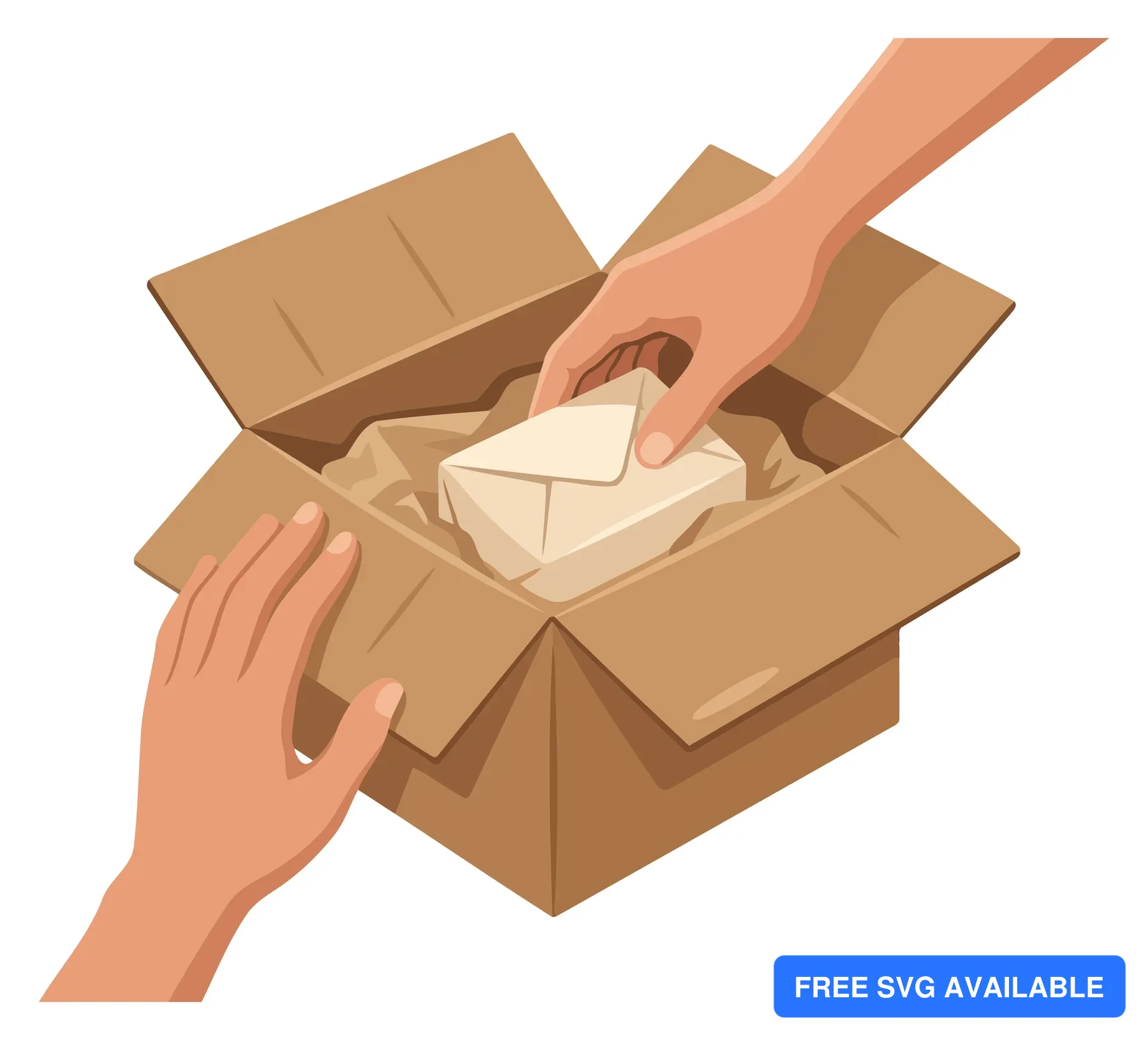 A person’s hands opening a cardboard box to reveal a wrapped gift in a flat design illustration