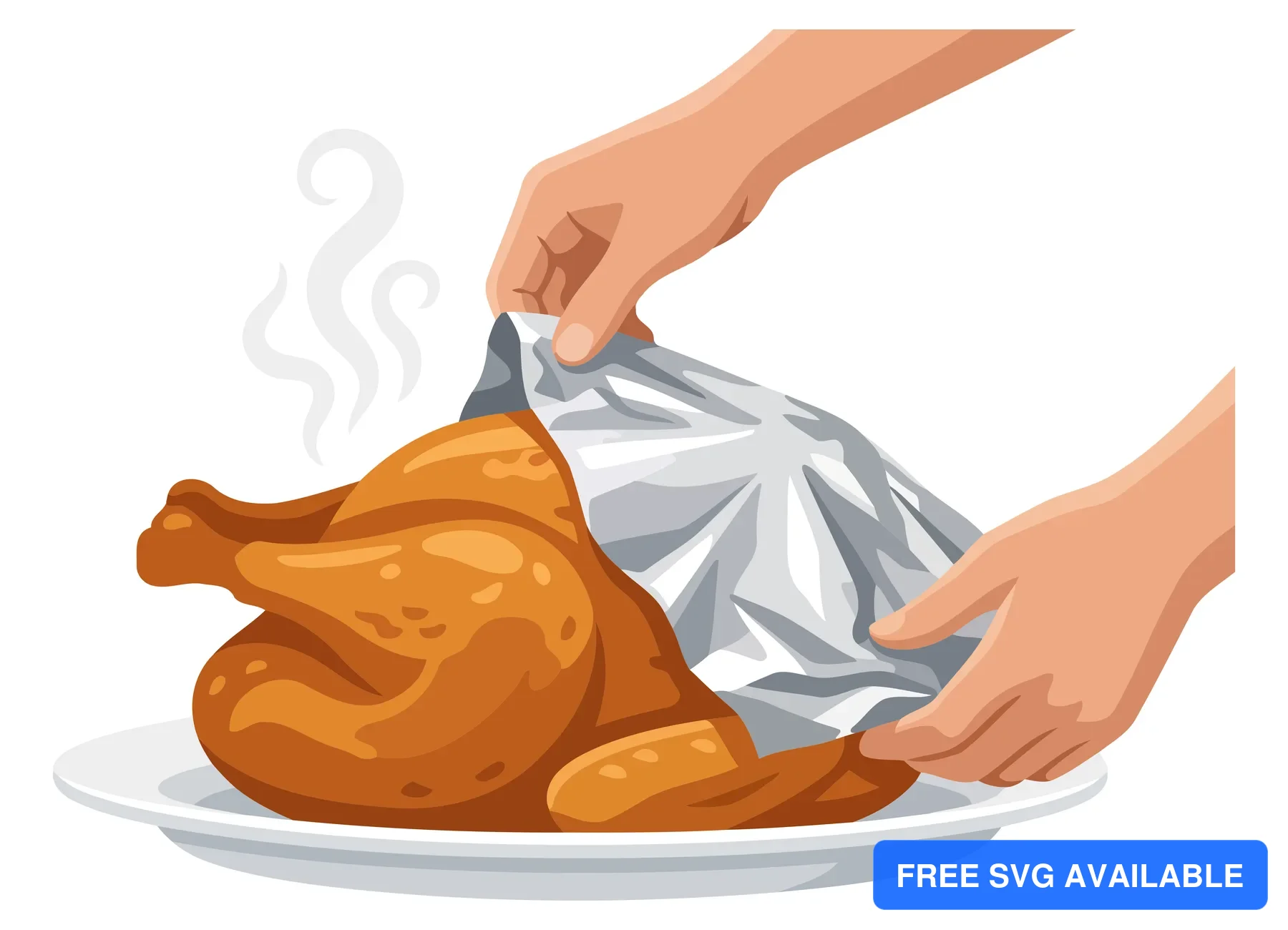 A hand lifts foil from a roasted turkey on a plate with steam rising.