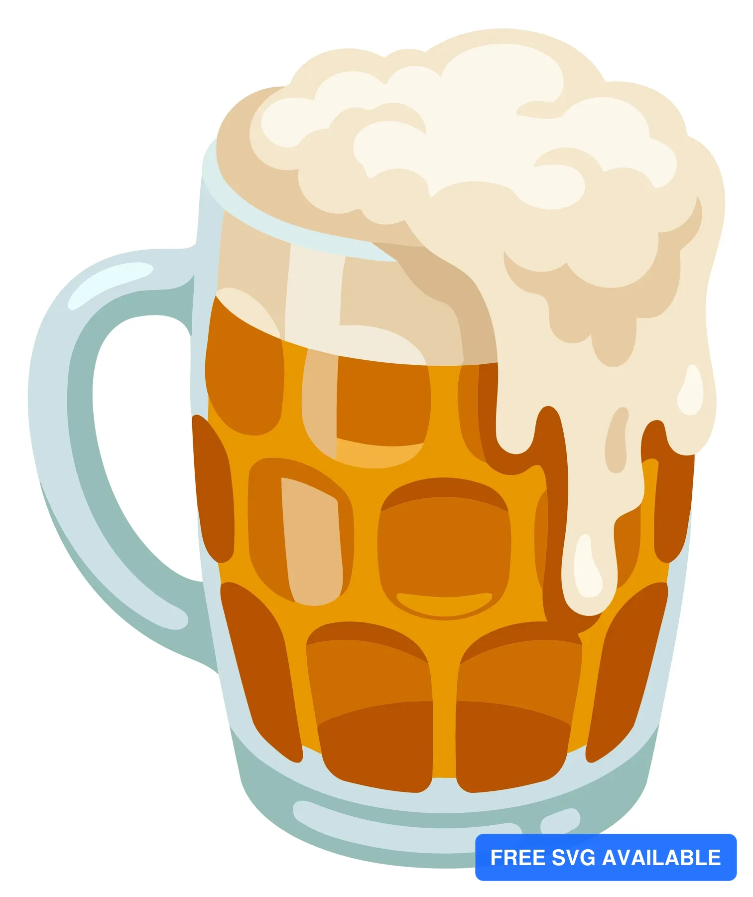 A stylized beer mug filled with frothy beer