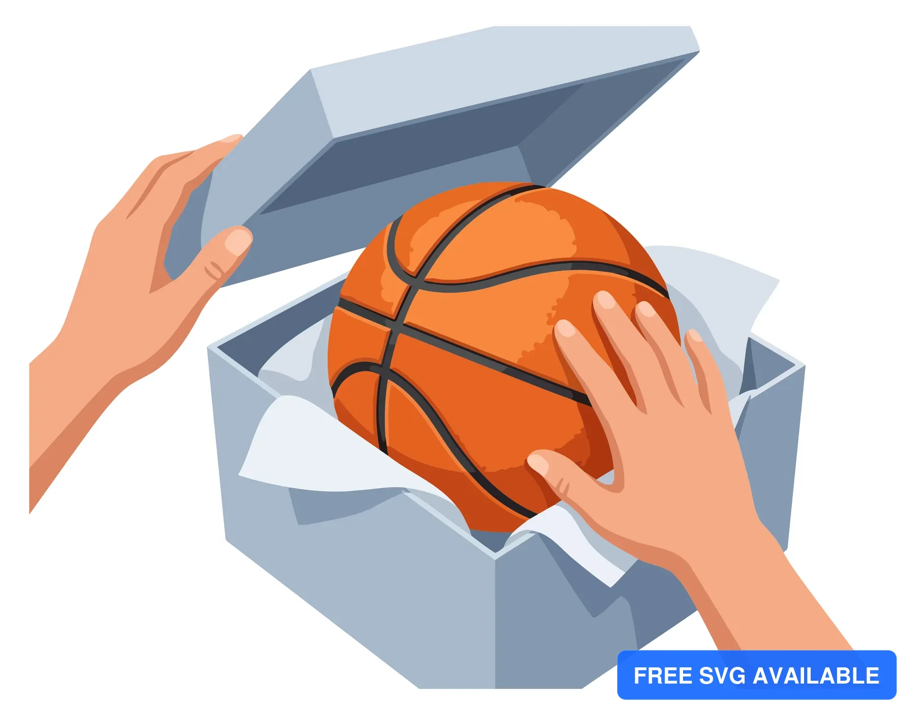 A hand opens a box to reveal a basketball in an illustration