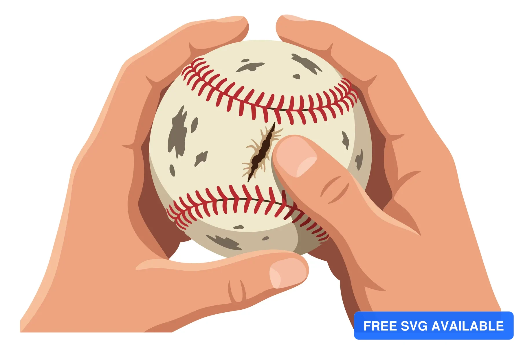 A stylized illustration of a hand holding a damaged baseball with stitching visible