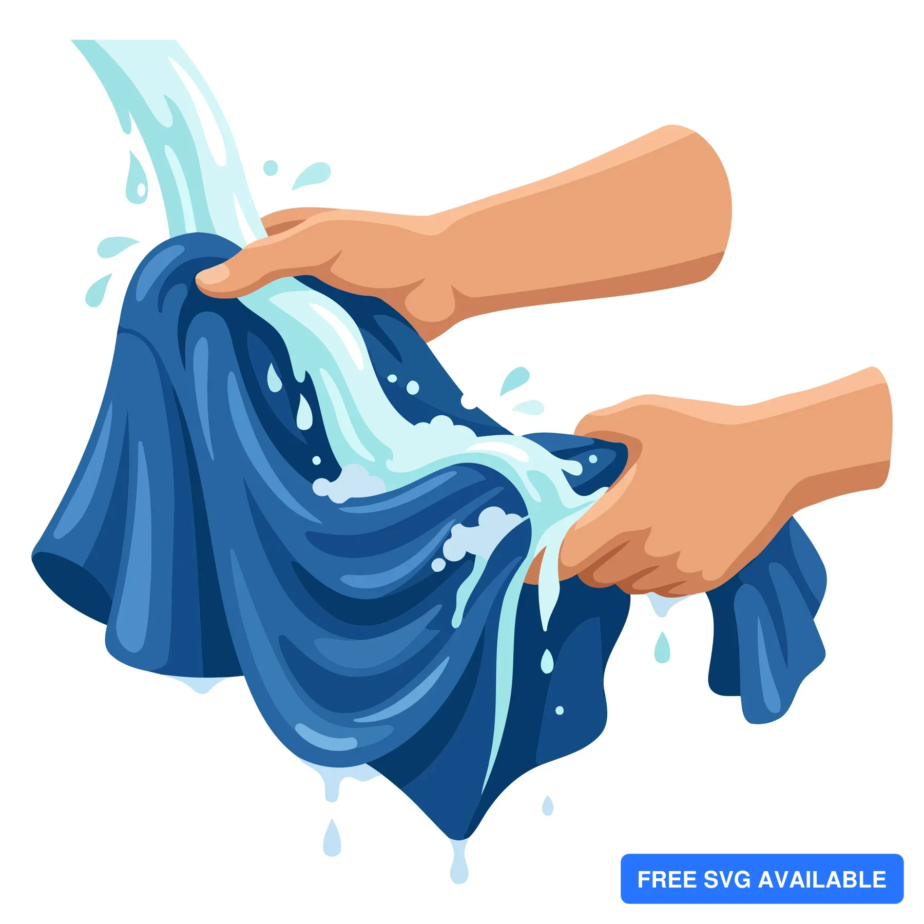 A pair of hands washing a blue fabric towel with water droplets