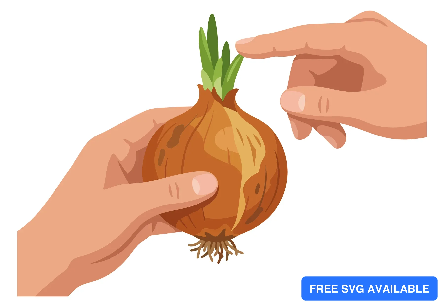 A hand holds an orange onion with a green sprout growing from it in an illustration style