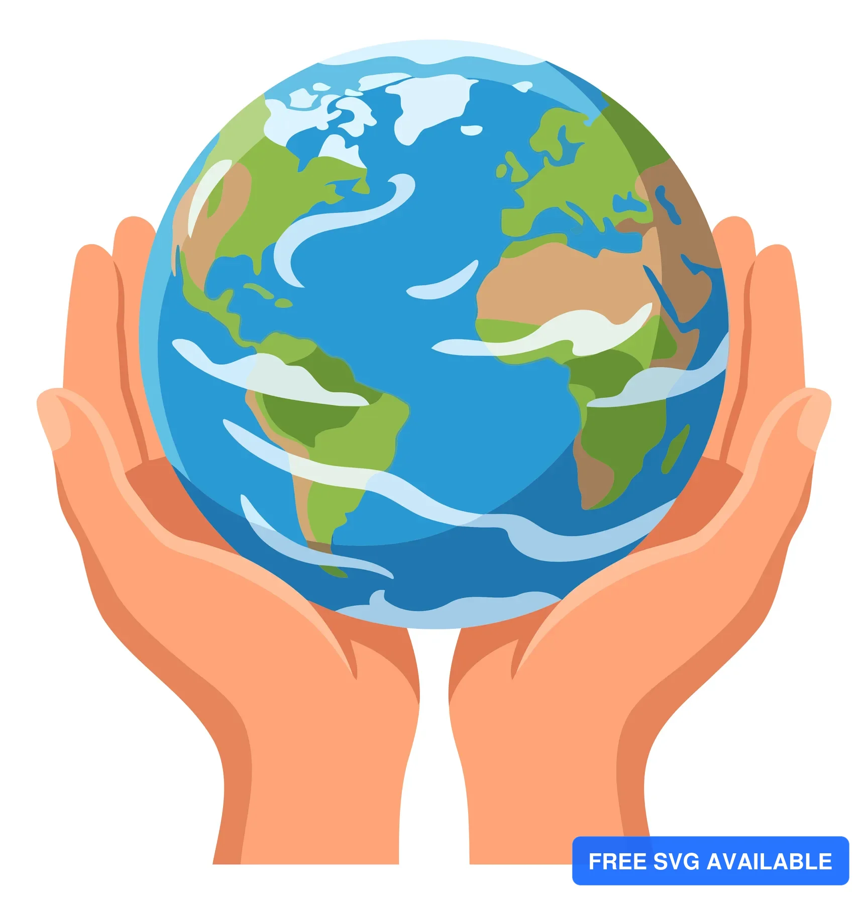 A pair of hands holding a globe with continents and clouds, symbolizing care for the Earth
