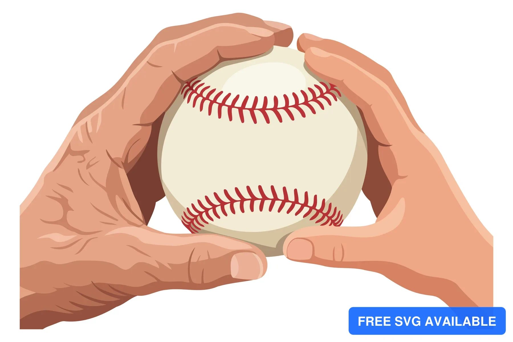 A hand holding a baseball with stitching details in a flat design illustration