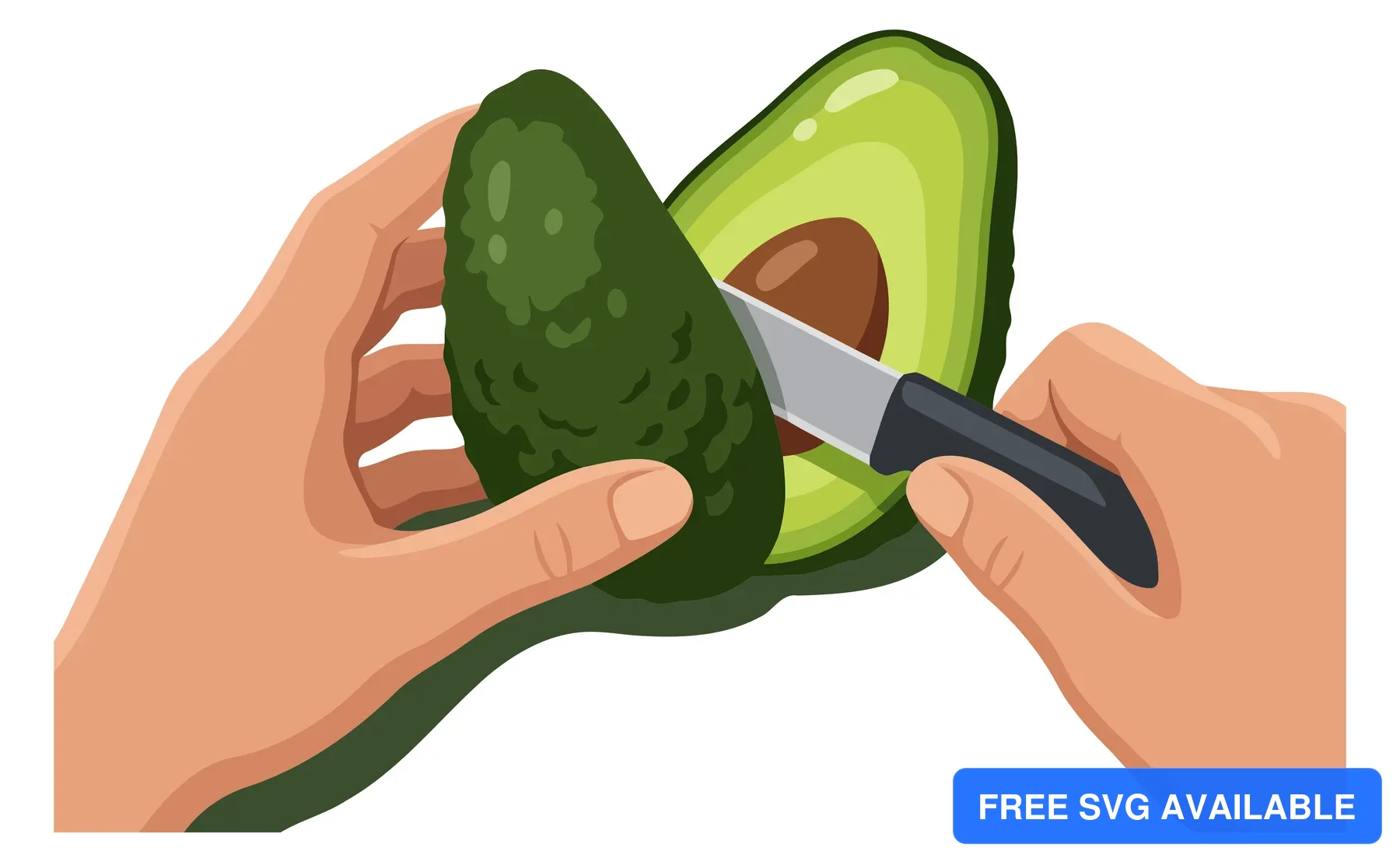 A hand cutting an avocado in half with a knife, showing the green flesh inside.