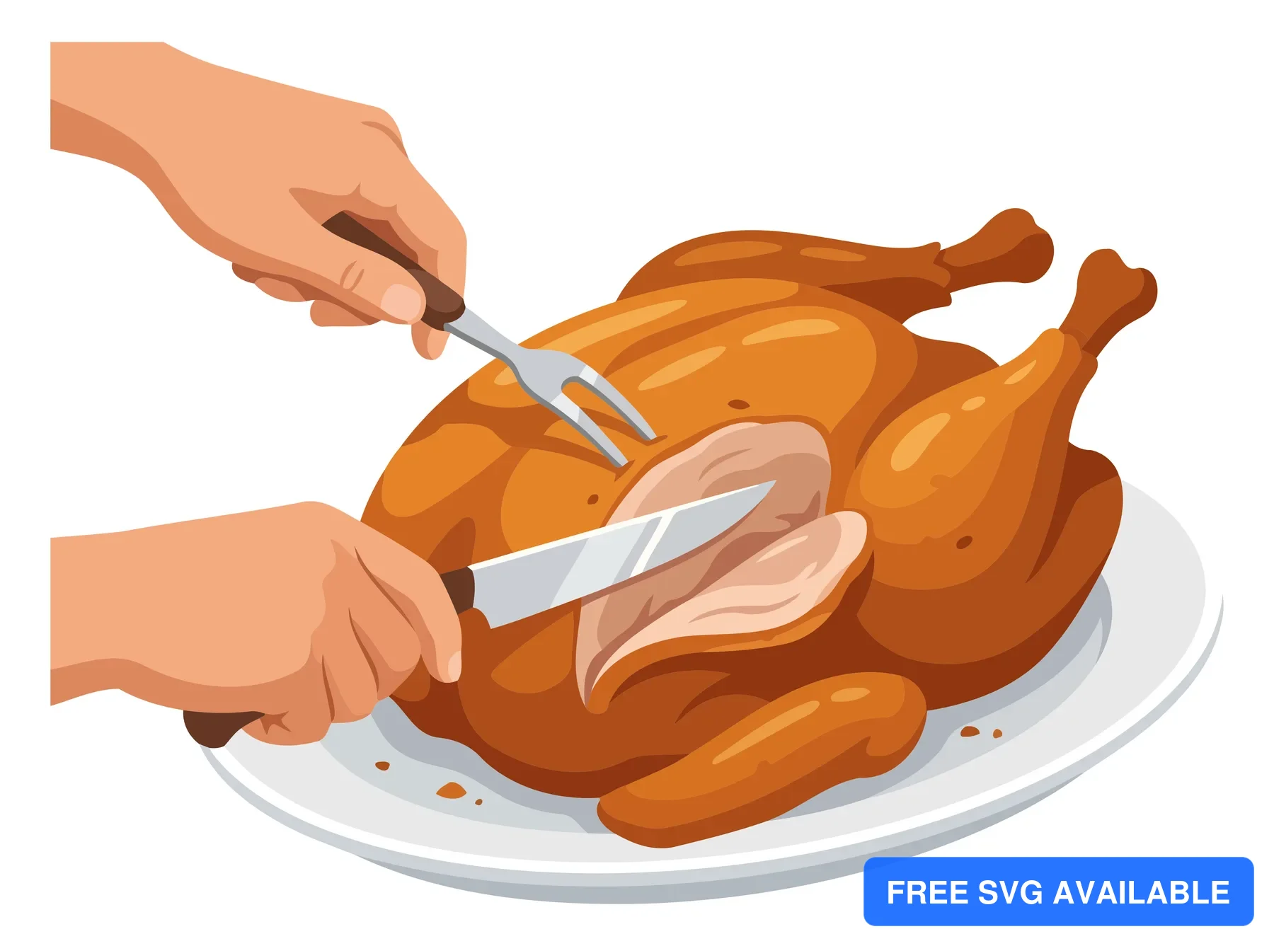 A person carving a roasted turkey from a plate with a knife and fork in an illustration style