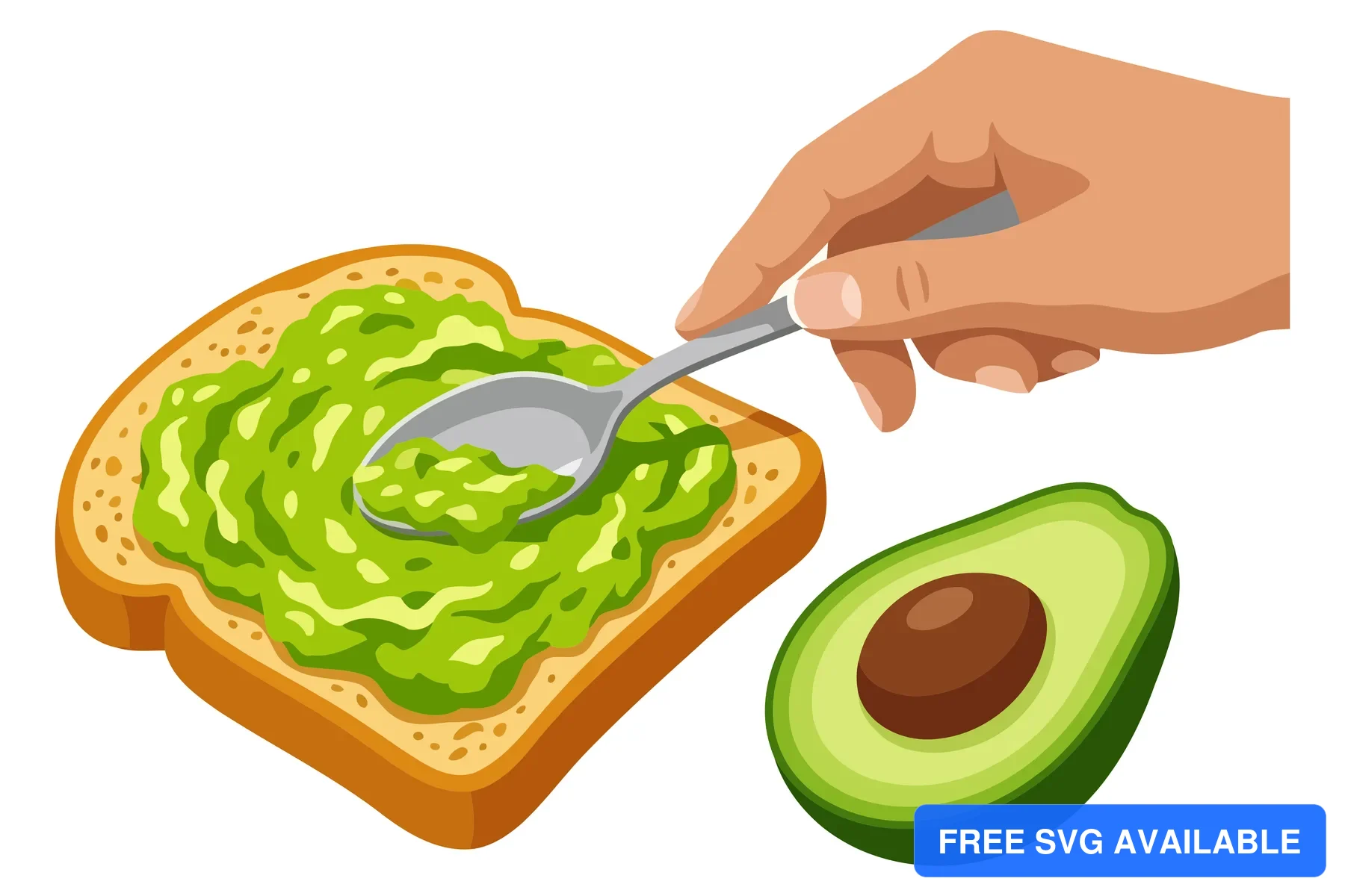 A hand spreads avocado on toasted bread with a spoon, alongside a whole avocado.