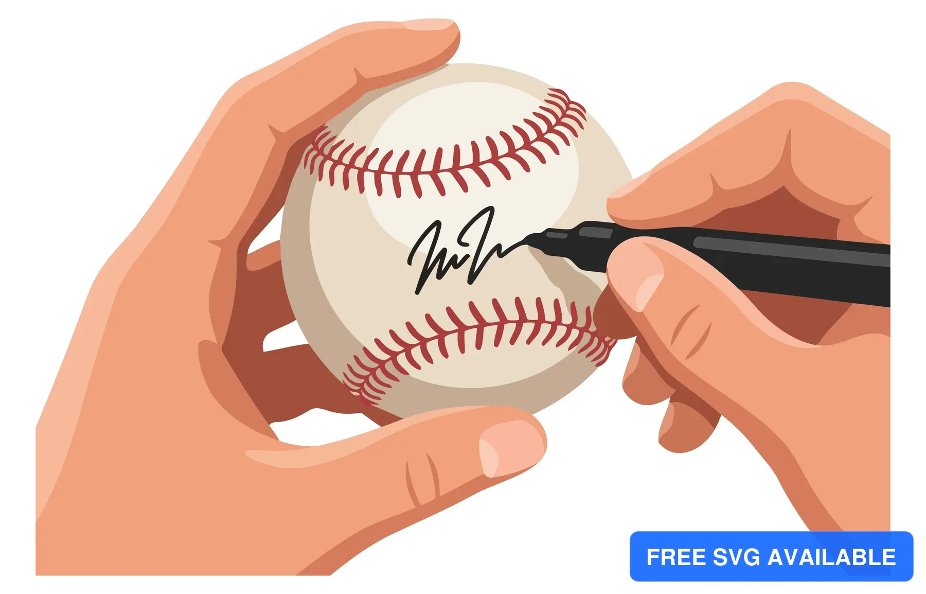 A hand signing a baseball with a marker in a clean illustration style
