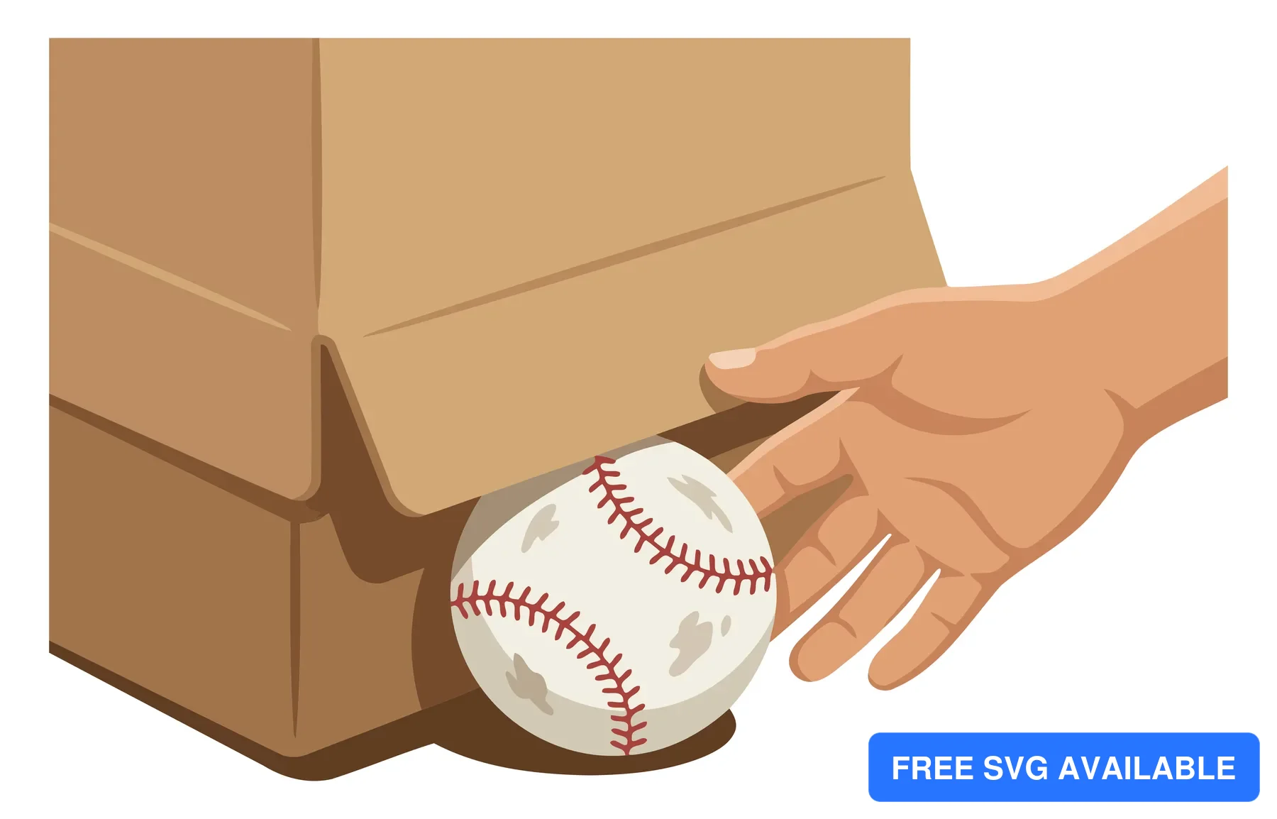 A hand inserts a baseball into an open cardboard box in an illustration