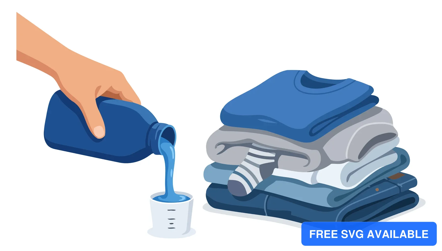 A hand pouring liquid dye onto folded blue and grey clothes in an illustration