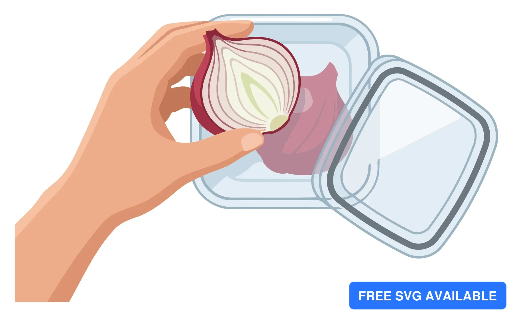 A hand peels an onion inside a transparent container in a flat design illustration