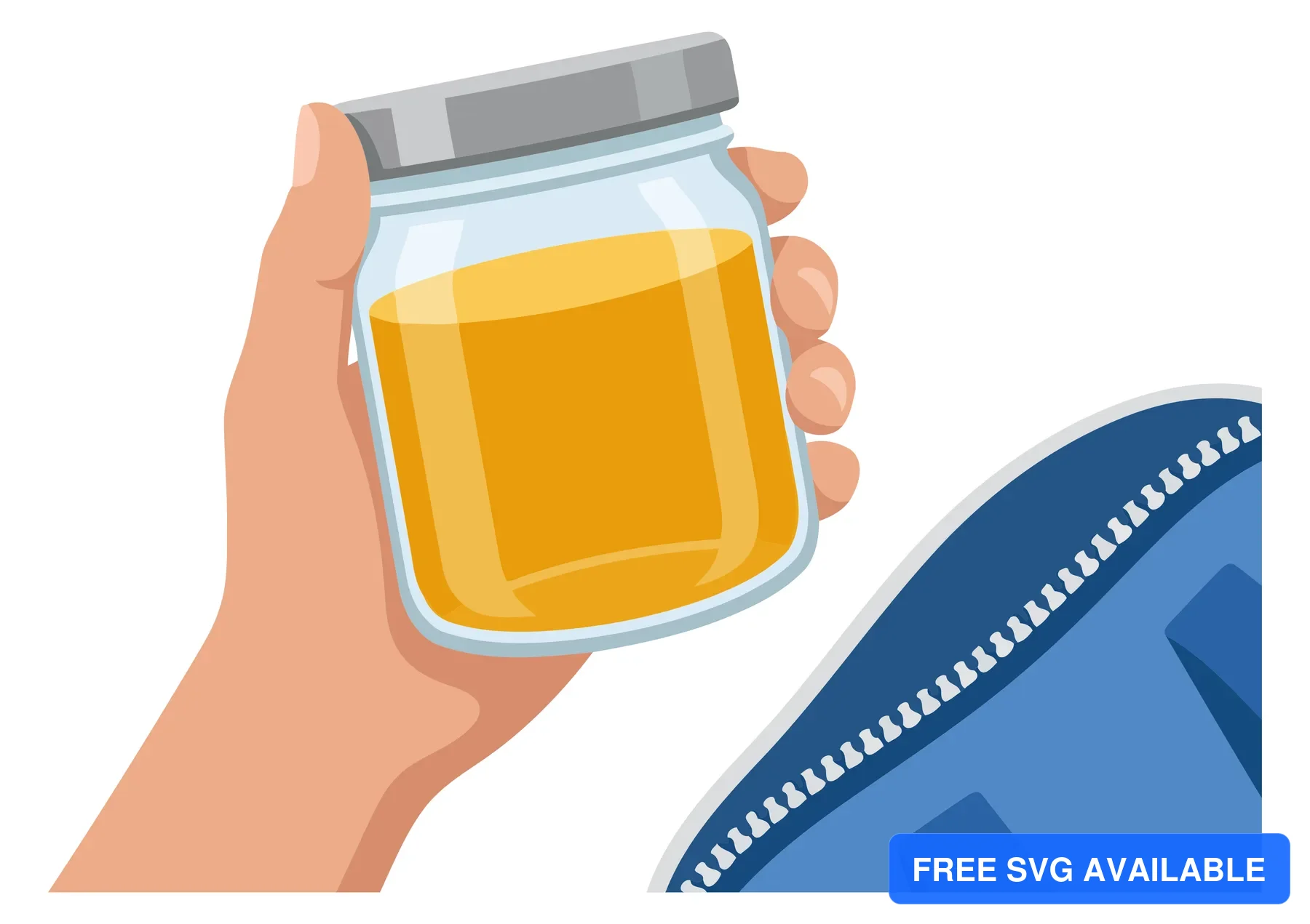 Hand holding a clear jar with yellow liquid and a blue zippered pouch beside it