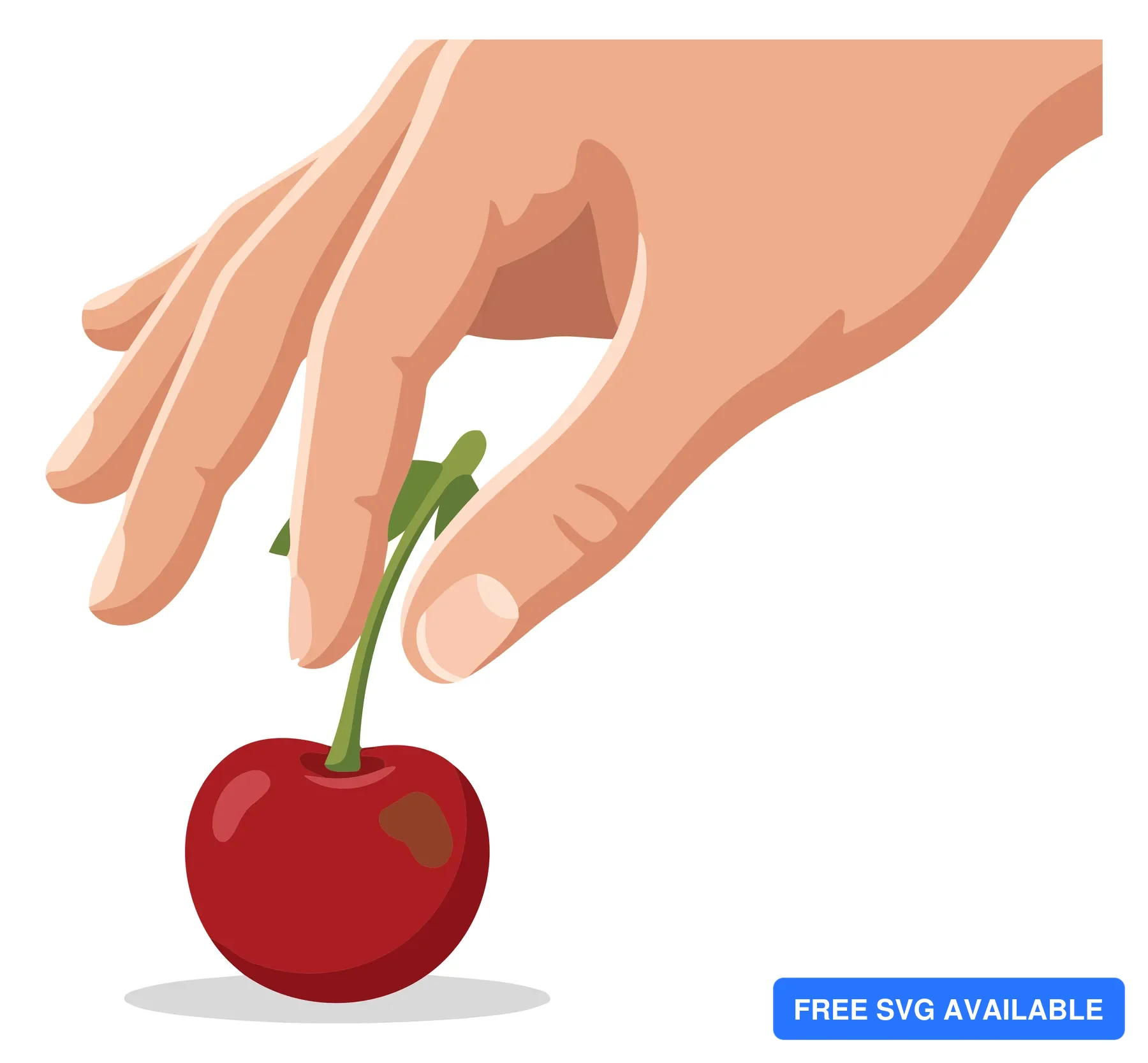 A hand holding a red cherry with a green stem in a simple illustration
