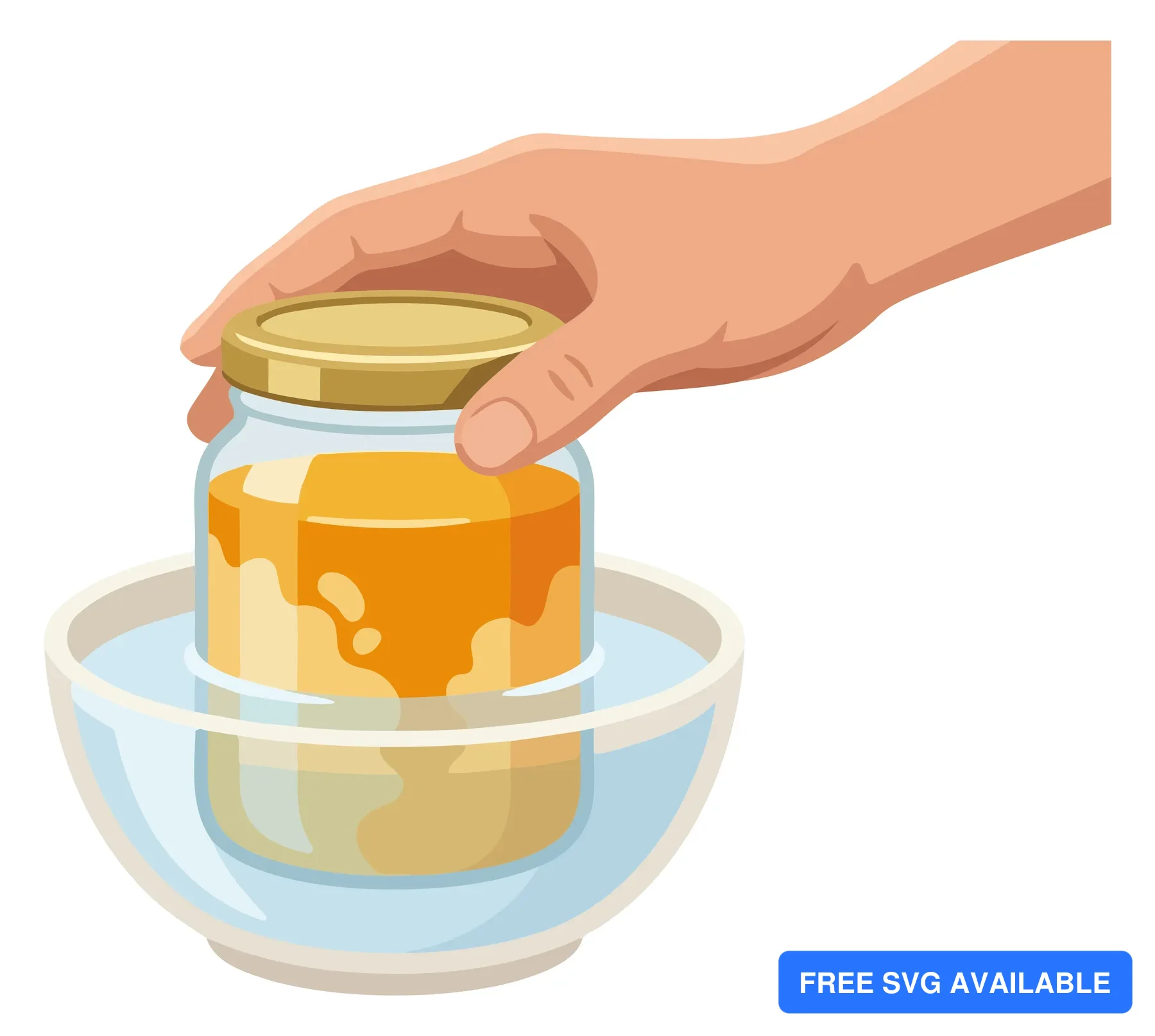 A hand pours honey from a clear glass jar into a bowl in an illustration style.