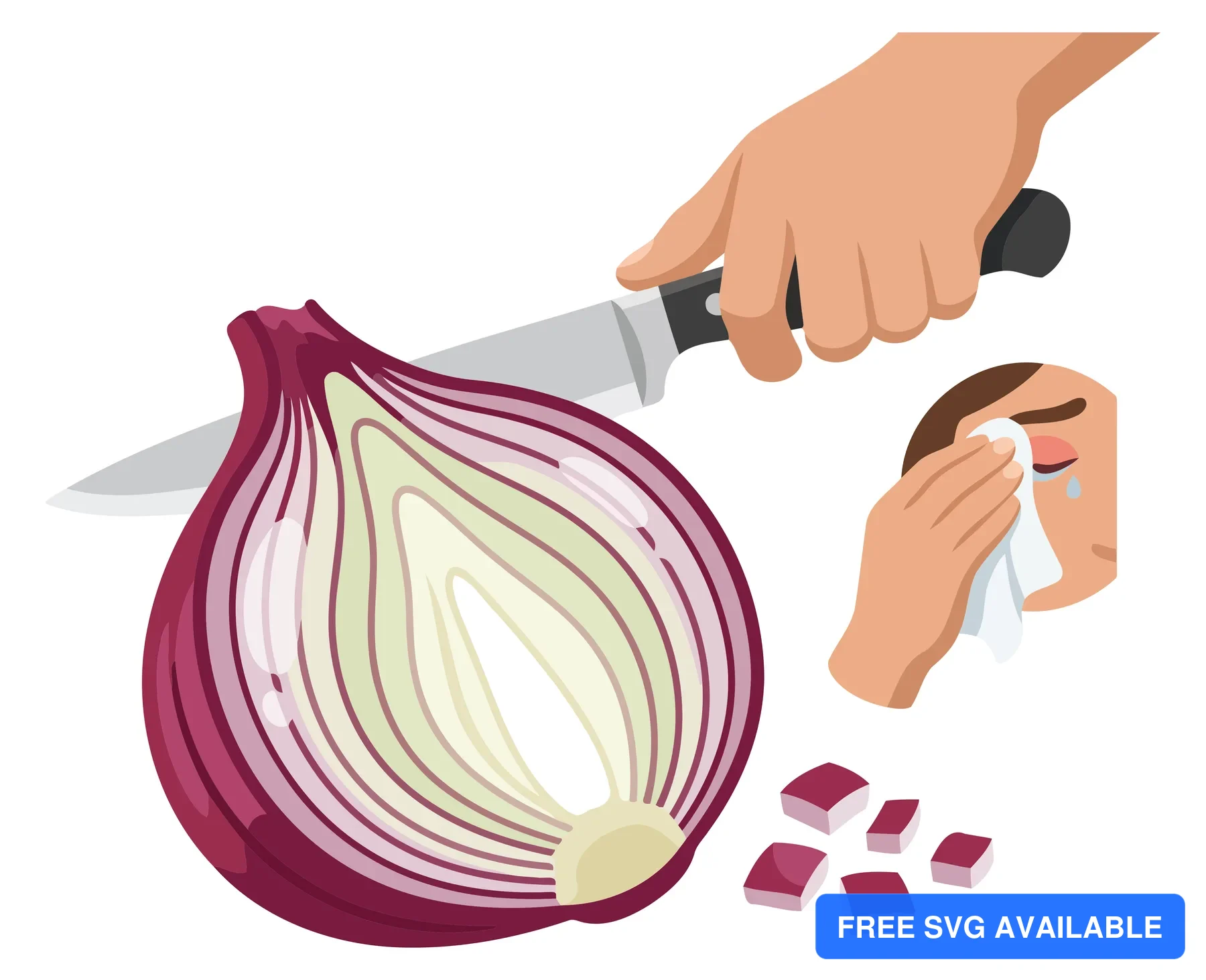 A hand cutting an onion on a cutting board with peeled onion pieces and a hand wiping the knife blade.