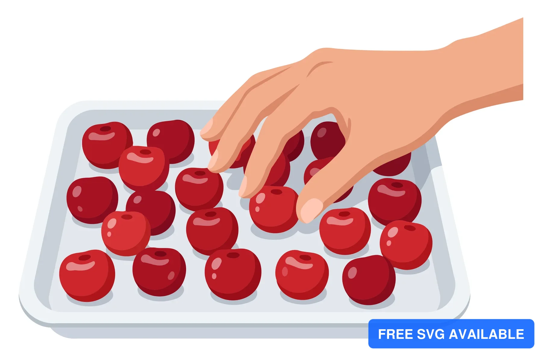 A hand picks a cherry from a tray of cherries in a flat design illustration