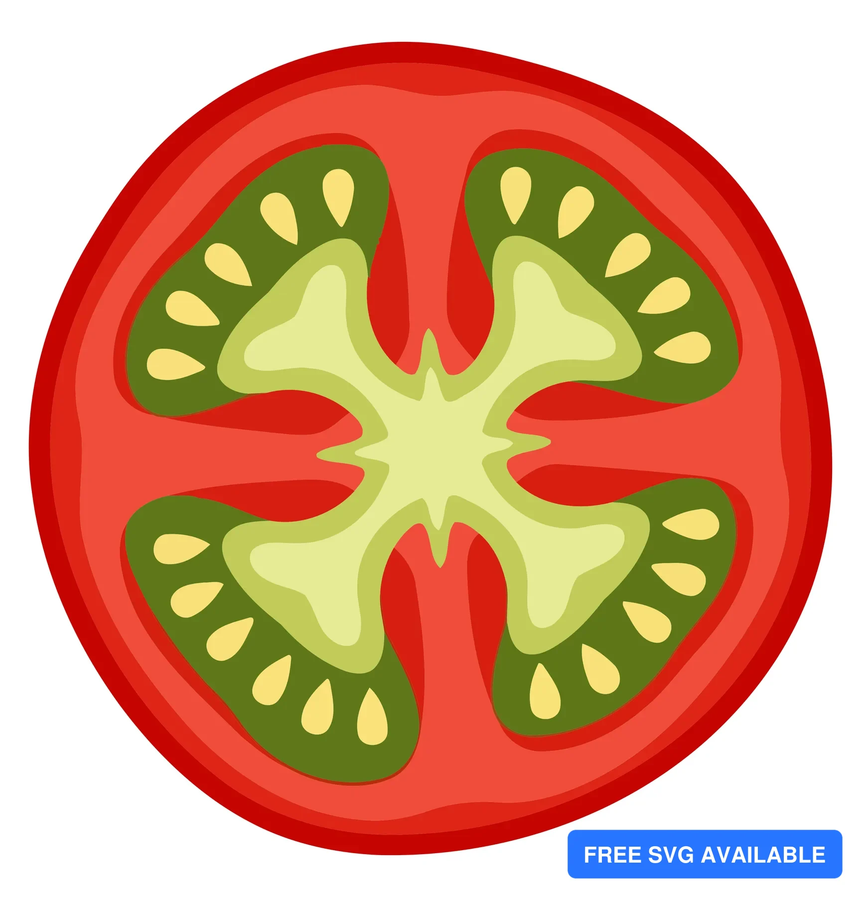 A cut tomato showing its internal green seeds and central core on a red background