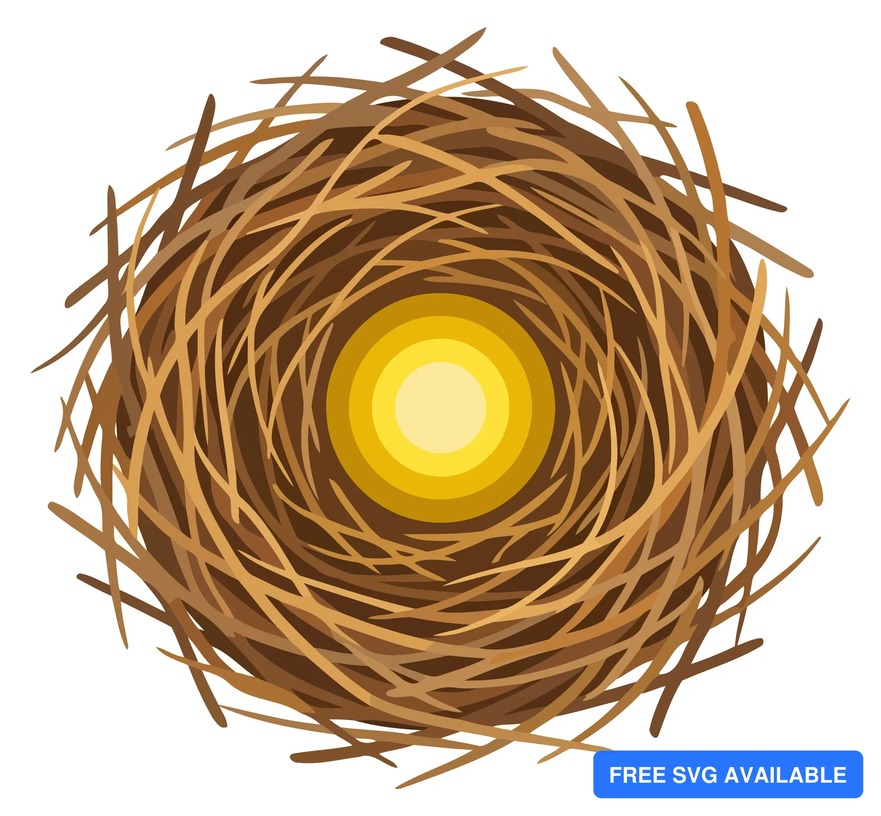 A stylized bird nest with a sunburst at the center made of twigs in an abstract vector illustration
