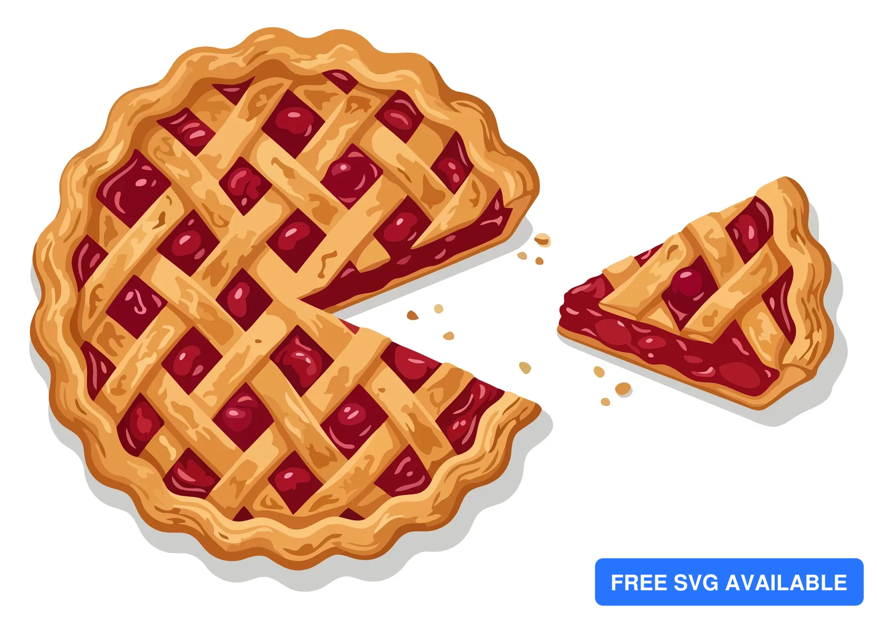 A decorative illustration of a pie with lattice crust and berry filling, showing a slice cut out.