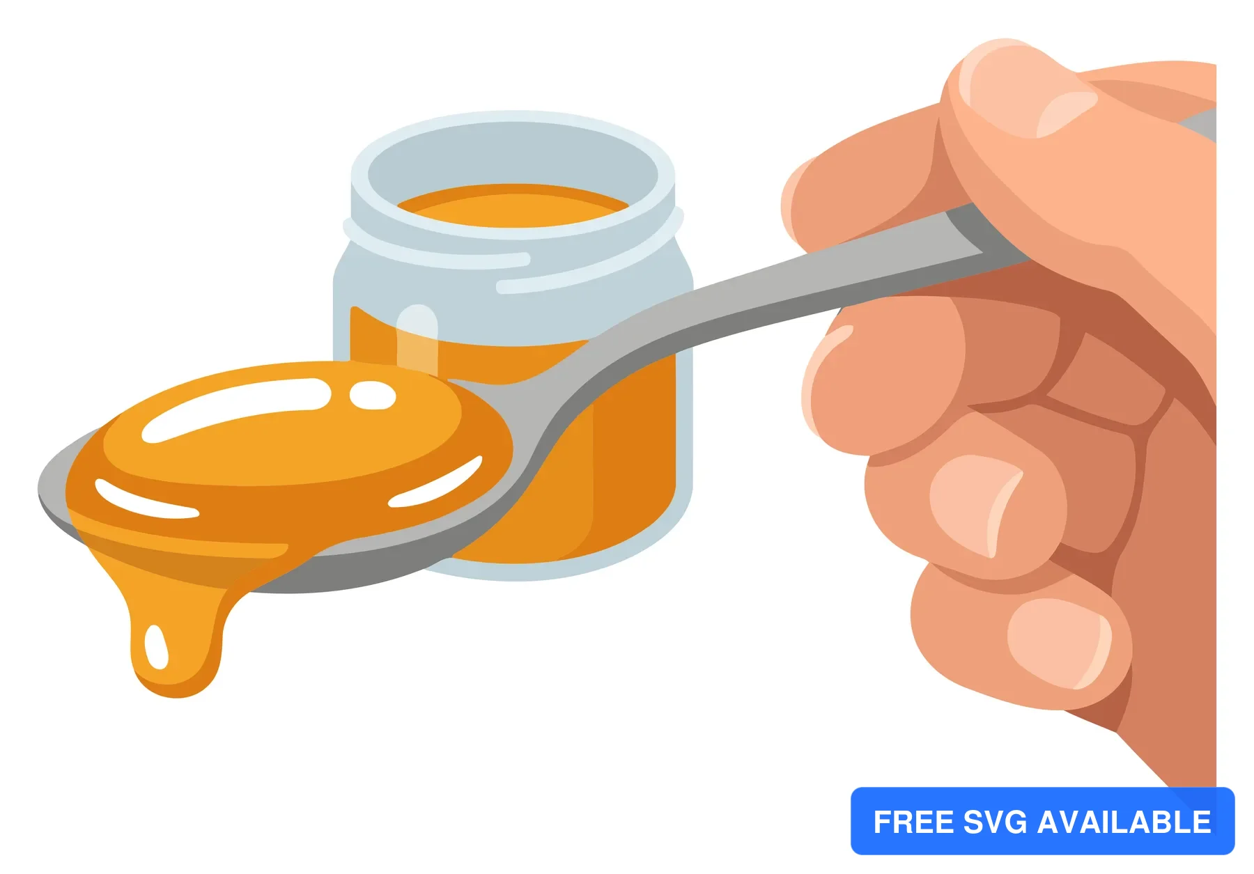 A hand scoops honey from a jar using a spoon in an illustration style