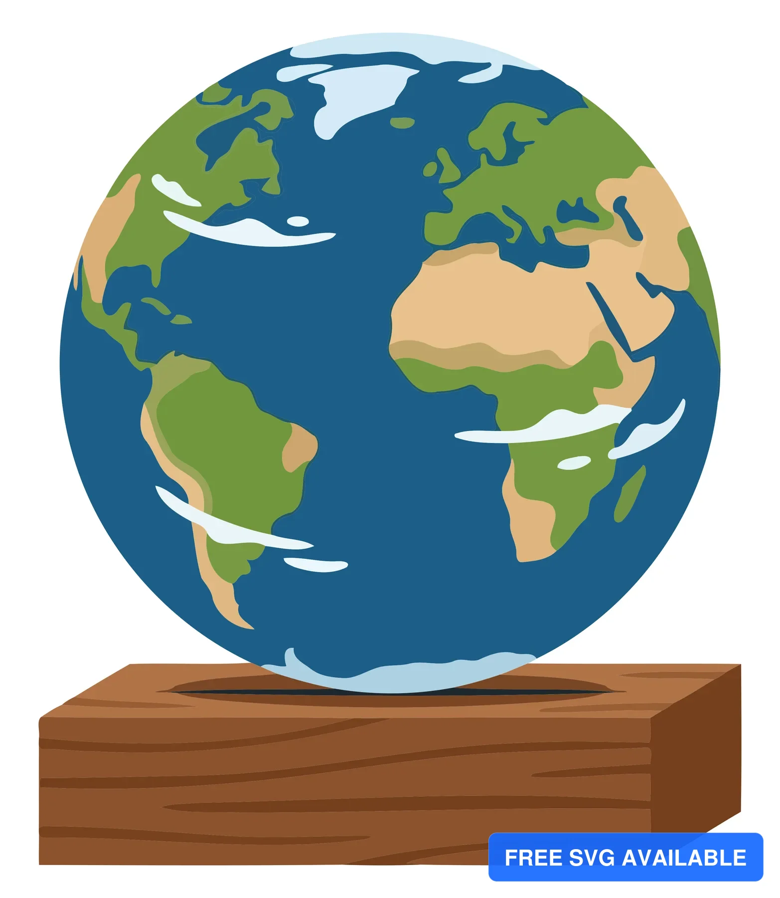 A stylized globe illustration on a wooden block base