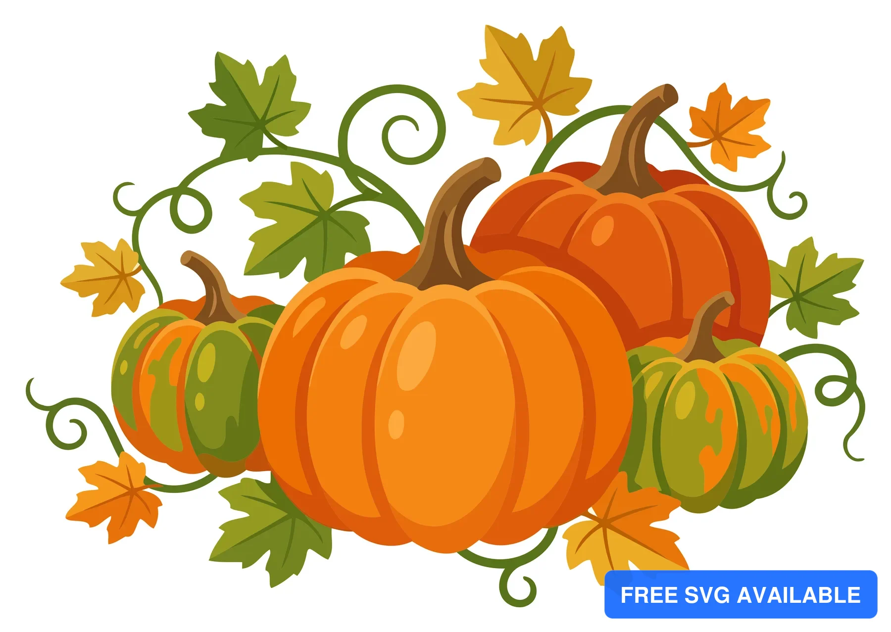 A colorful vector illustration of pumpkins surrounded by autumn leaves