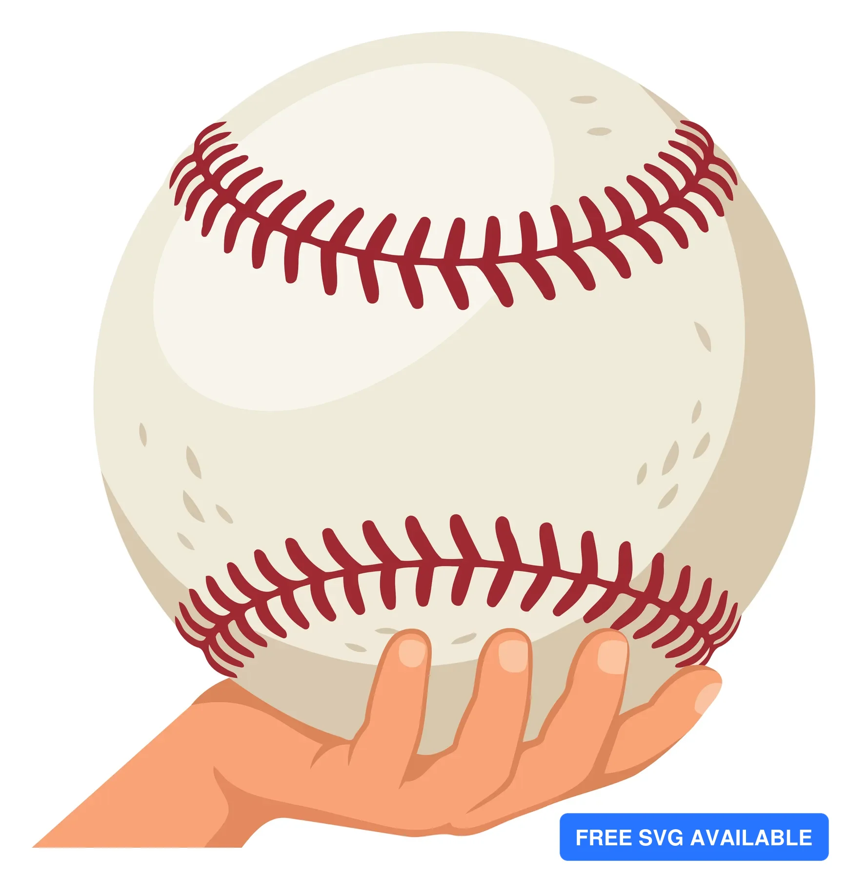 A hand holding a baseball with red stitching in a clean vector illustration