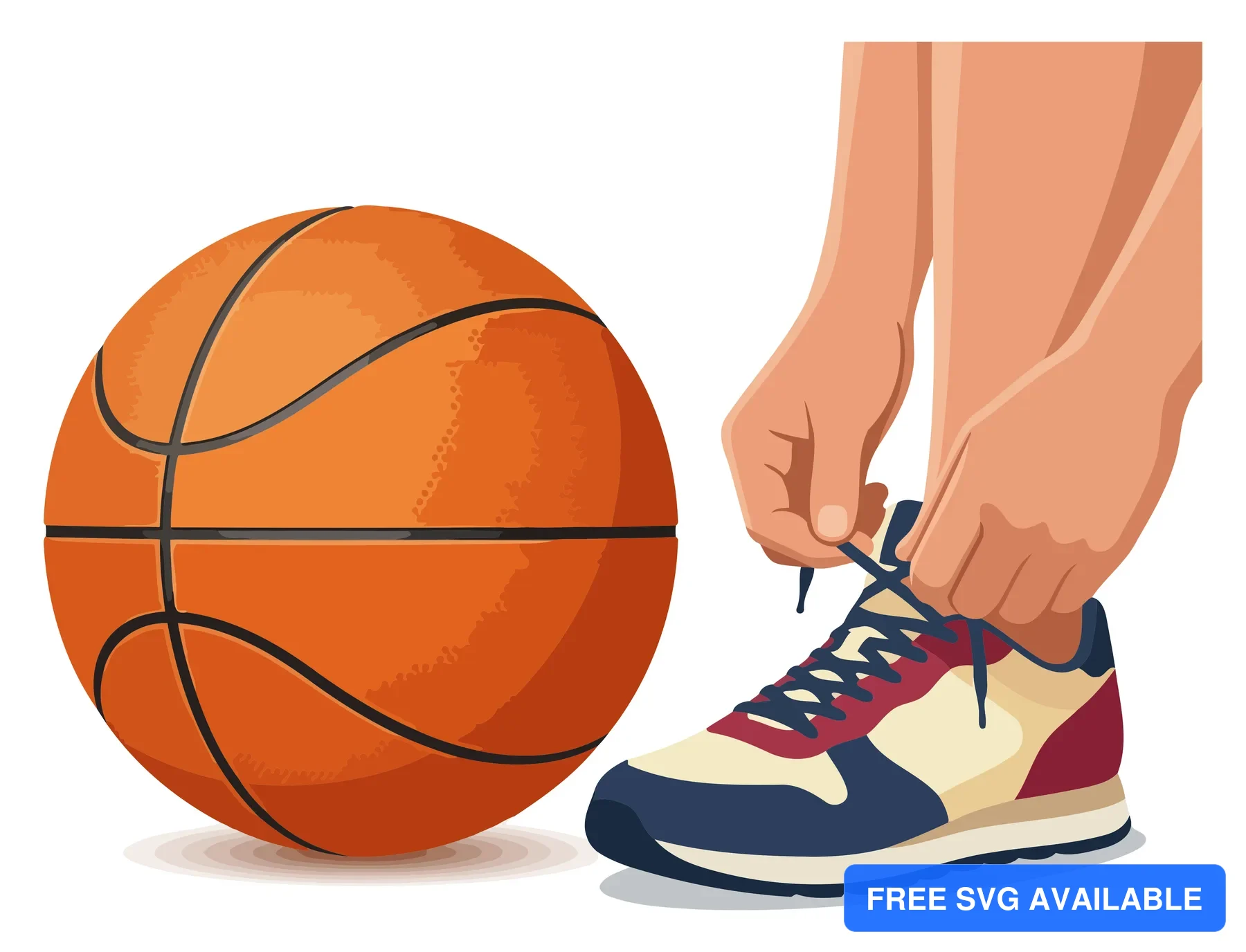 A person tying sneaker laces next to a basketball in an illustrated vector design