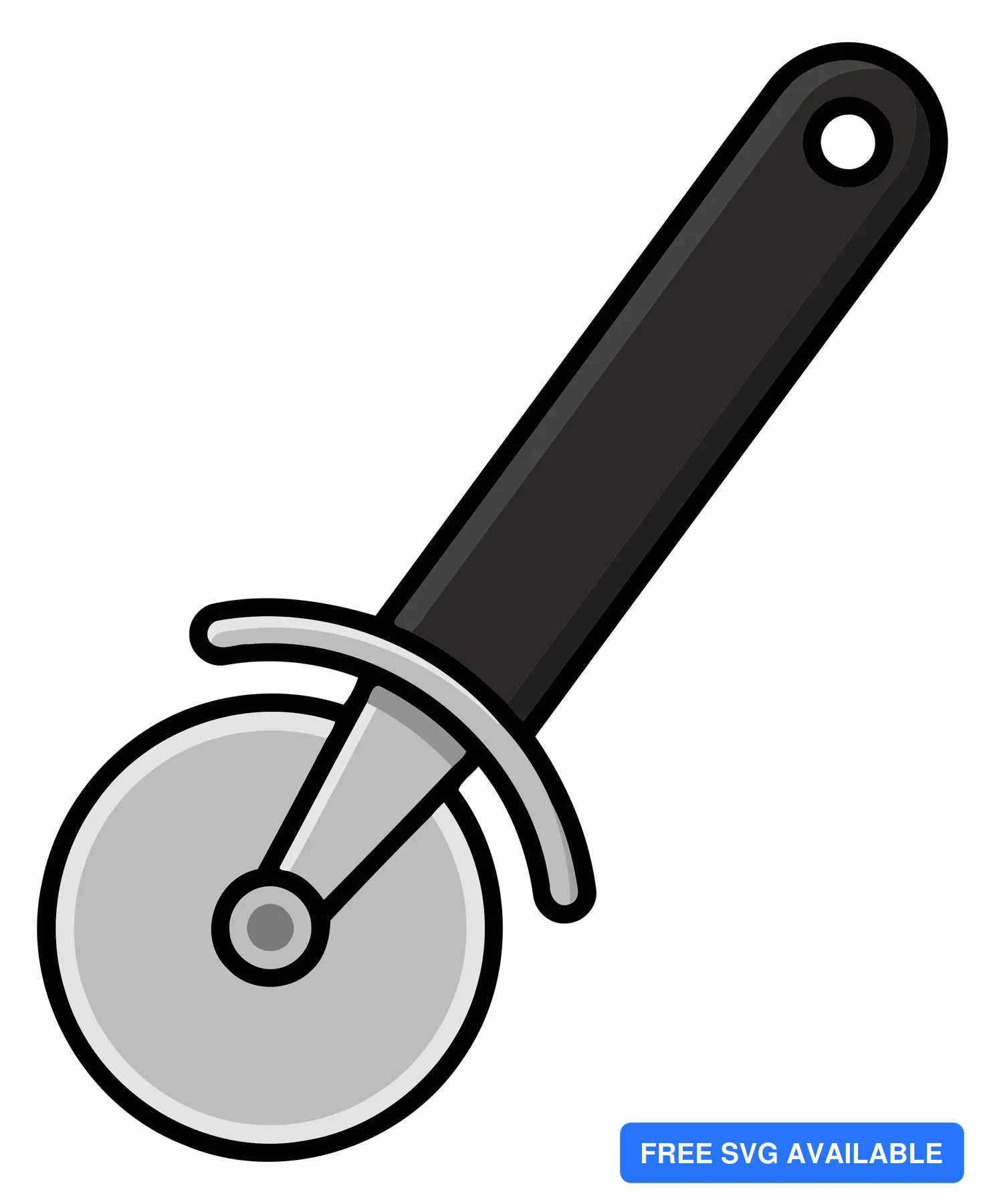 A simple black and grey pizza cutter icon with a handle and circular blade