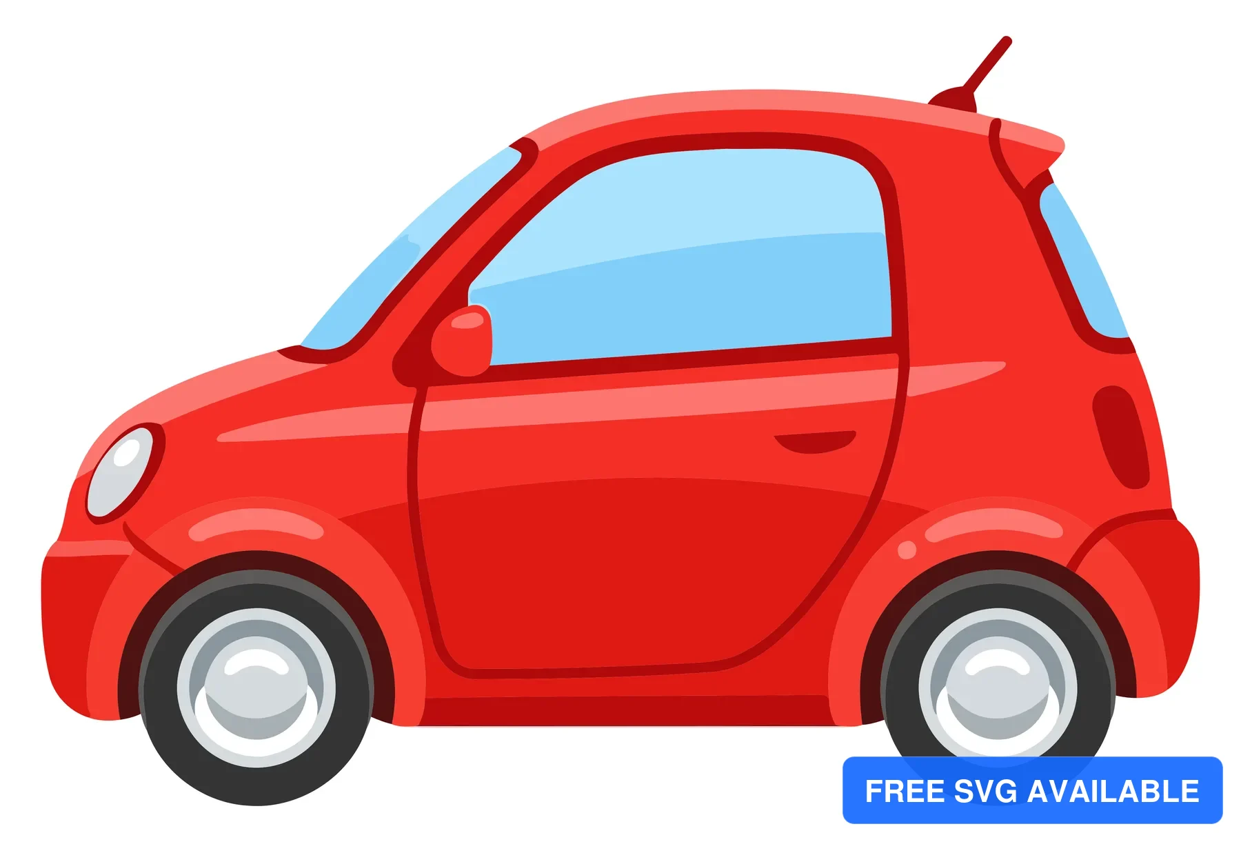 A stylized red cartoon car with a blue roof and white wheels