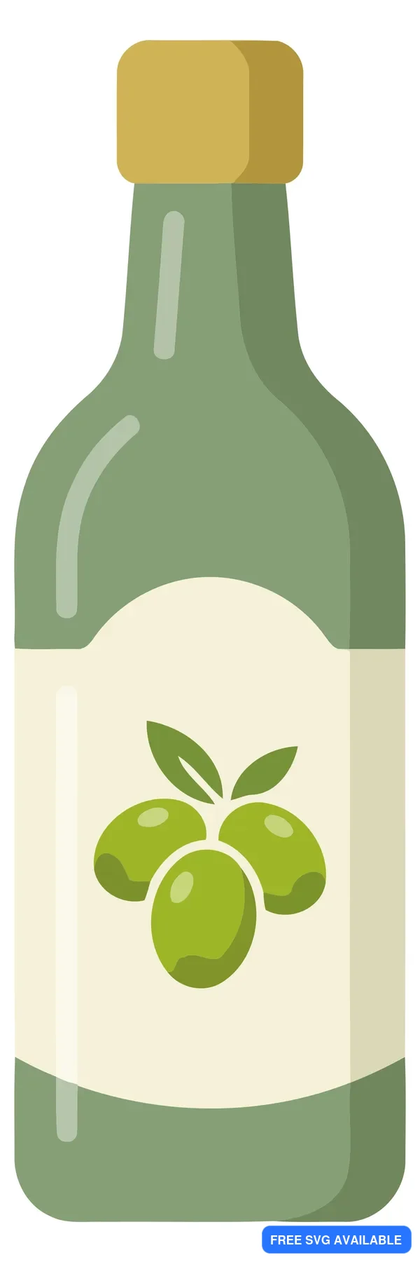 A green olive oil bottle with a gold cap and olive cluster design on the label
