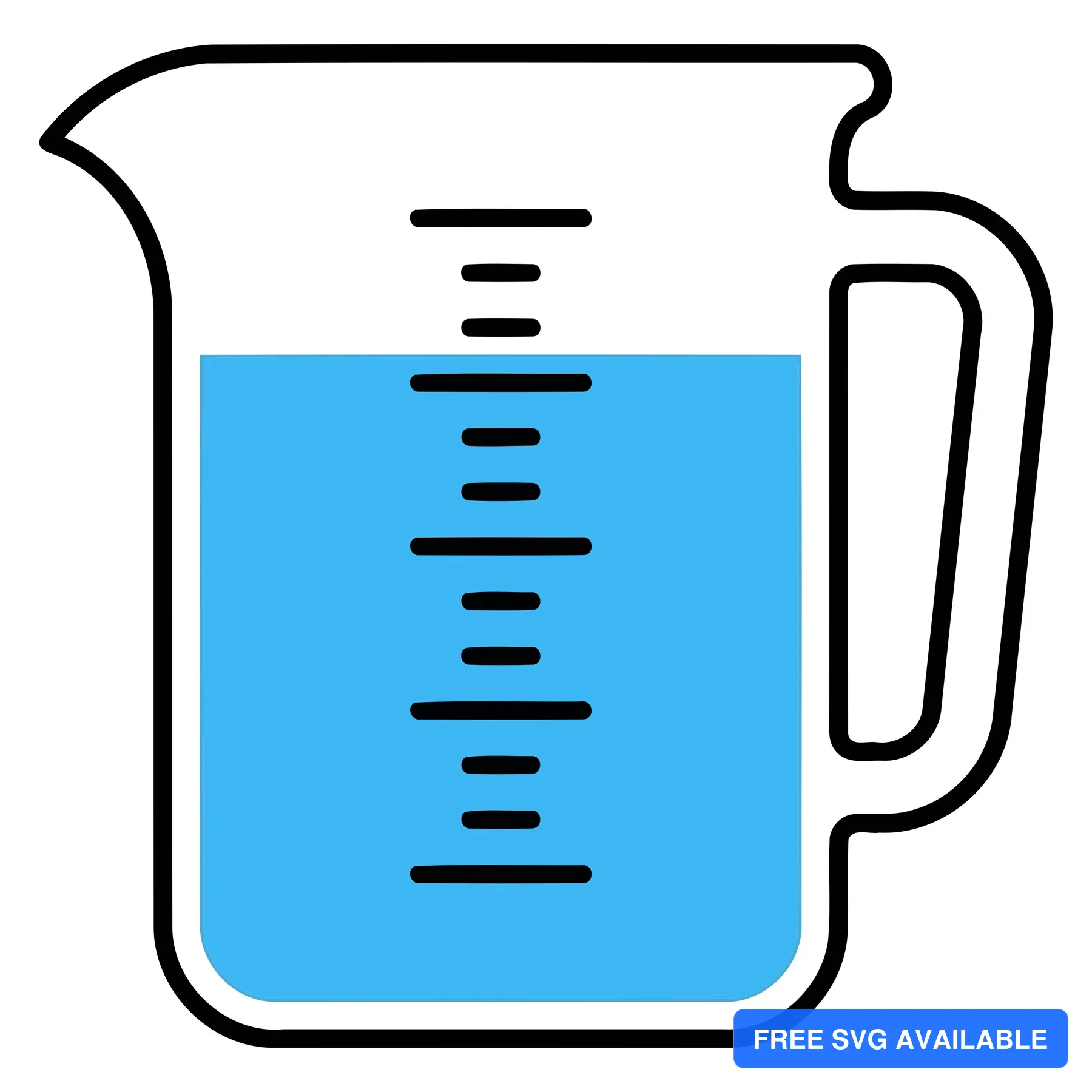A blue measuring pitcher with water level markings and handle