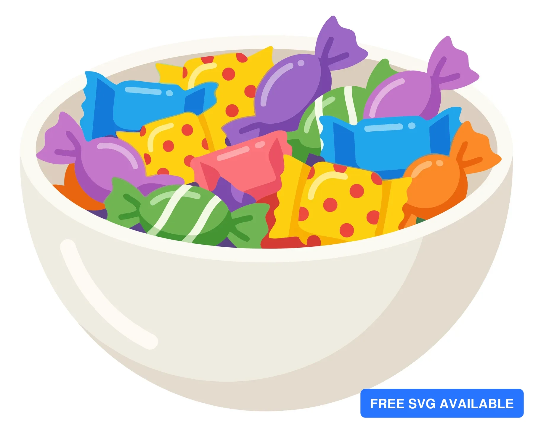 A colorful illustration of a bowl filled with various candies in pastel and bright colors