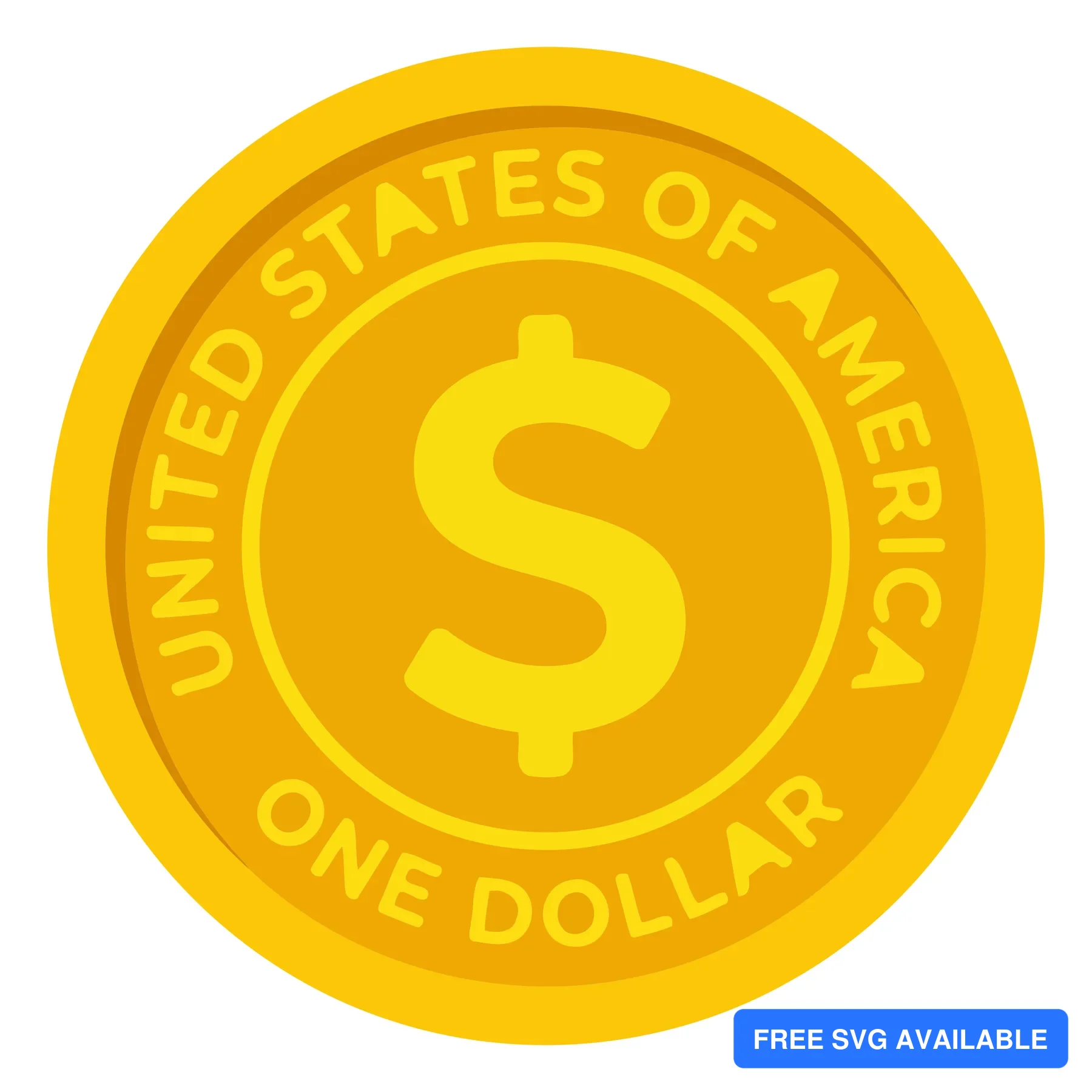 A yellow dollar sign emblem with text around it representing the United States one-dollar currency symbol
