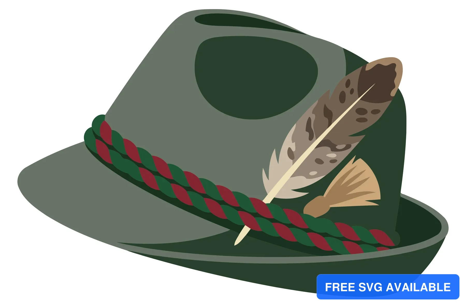 A stylish green hat with a decorative feathered band and intricate stitching