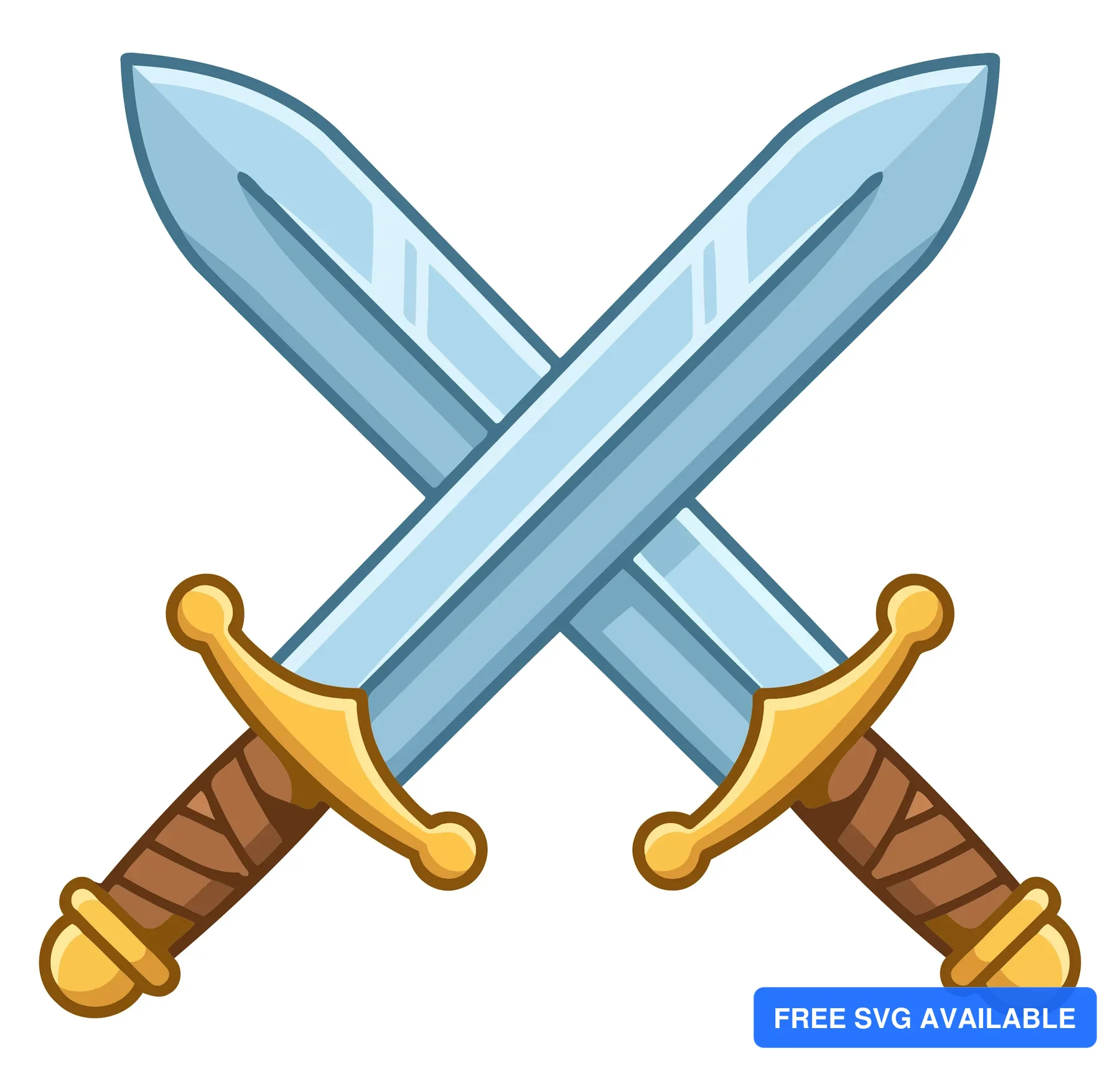 Two crossed swords with blue blades and wooden handles in a stylized illustration