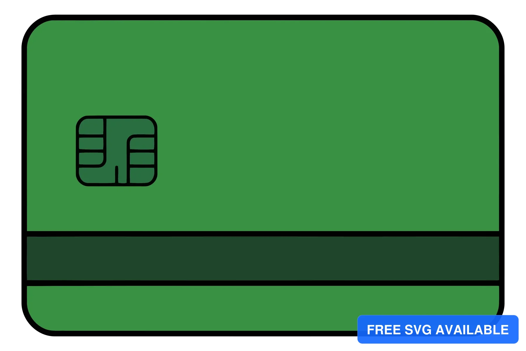 A green vector illustration of a credit card with a magnetic stripe and chip symbol