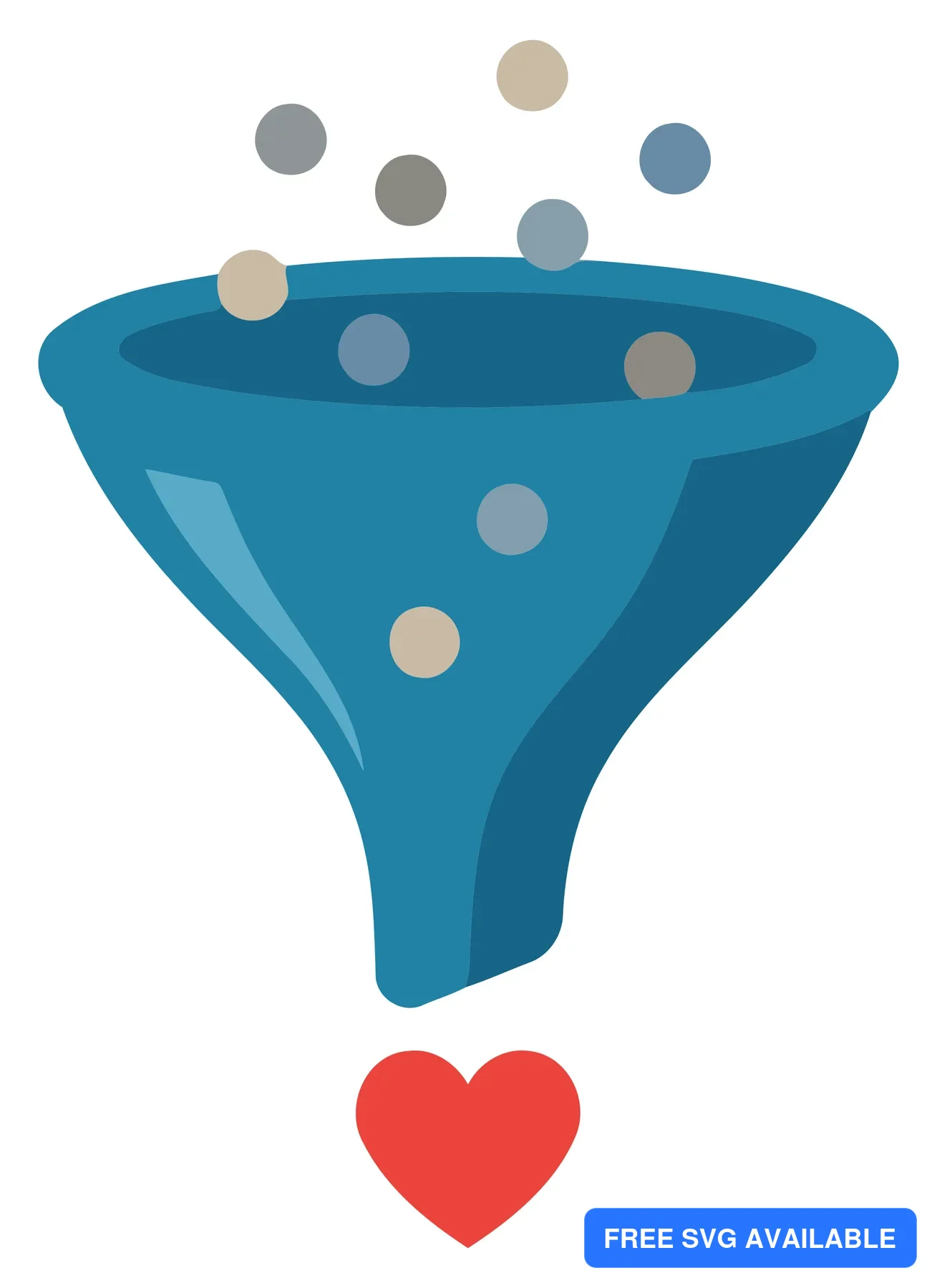 A blue funnel with colorful dots falling into it and a red heart at the bottom in an abstract vector design.
