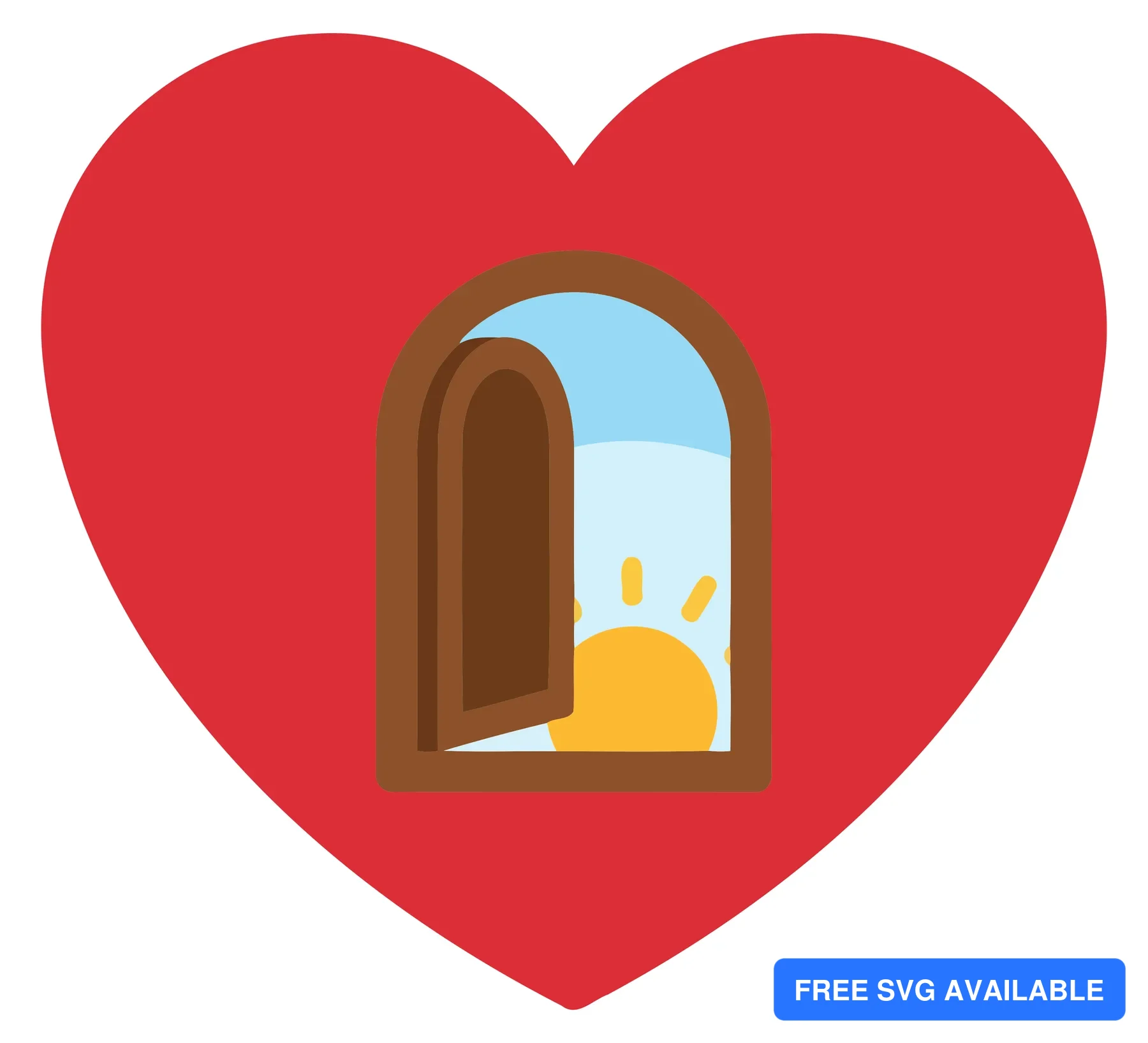 A red heart with an open door leading to a sunrise background