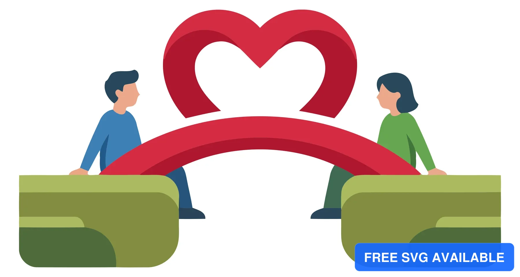 Two people standing on either side of a red heart bridge illustration symbolizing love and connection
