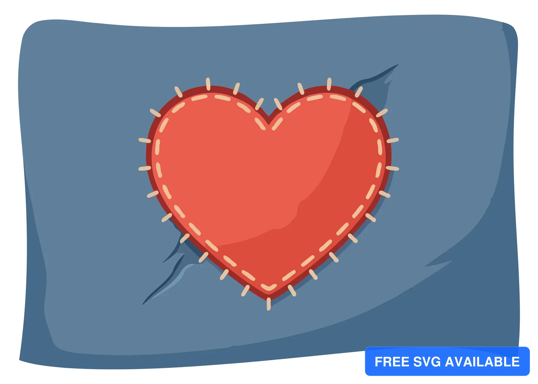 A red heart with stitches and damage on a blue abstract background